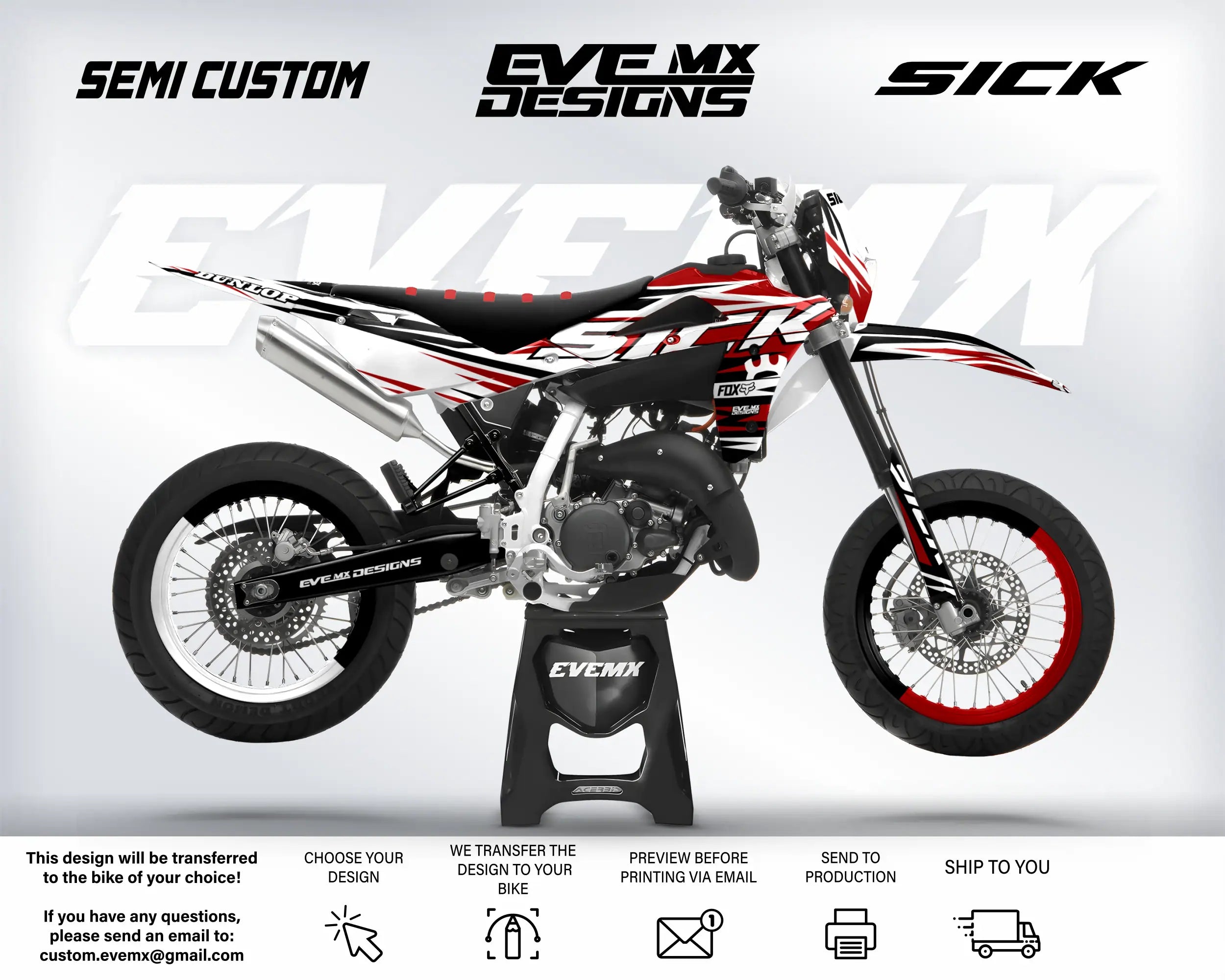 Motorcycle with custom graphics on a white background, featuring the brand 'EveMX Designs'.