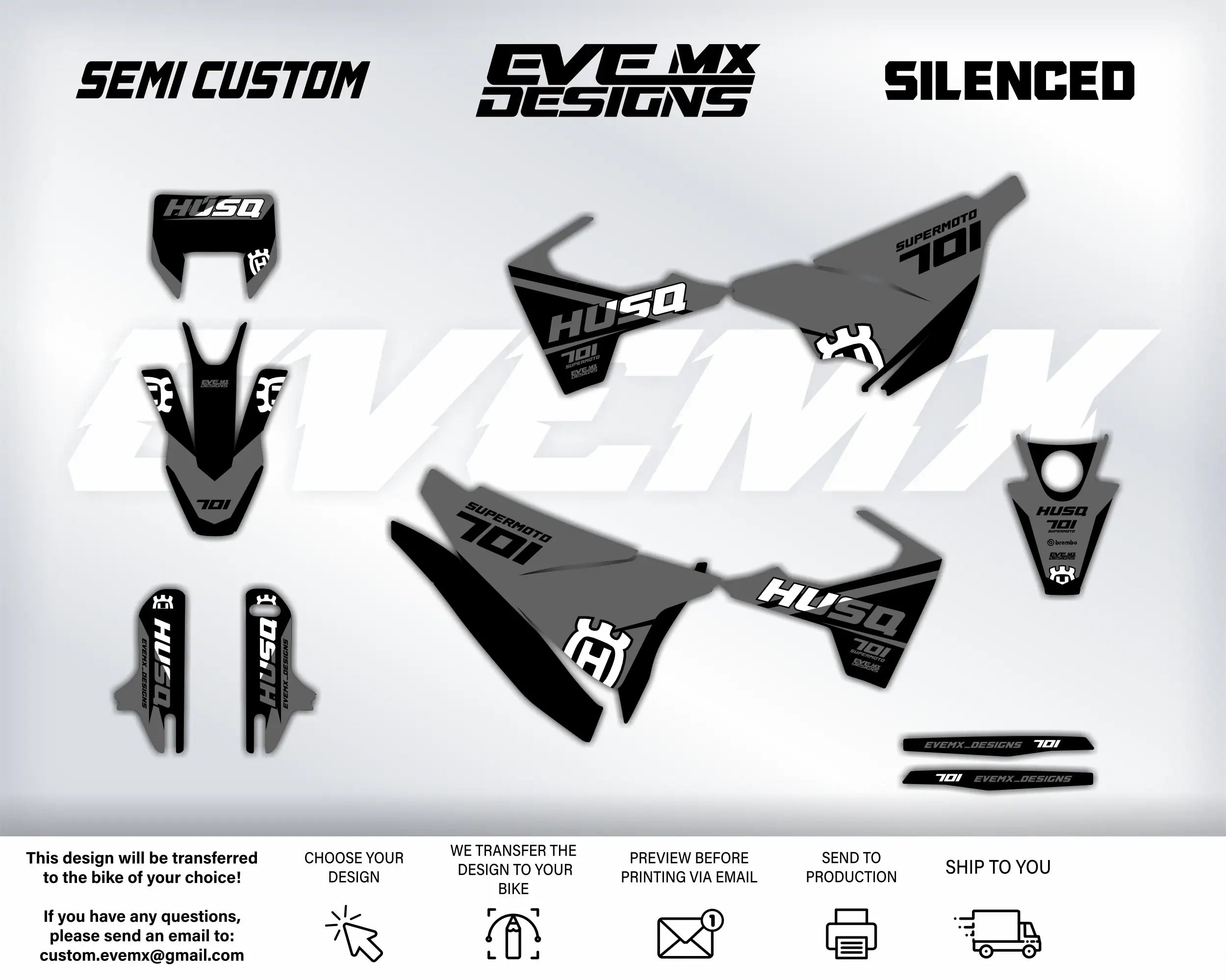 Motorcycle wrap design with 'Husq' branding and 'EveMX Designs' text on a white background.