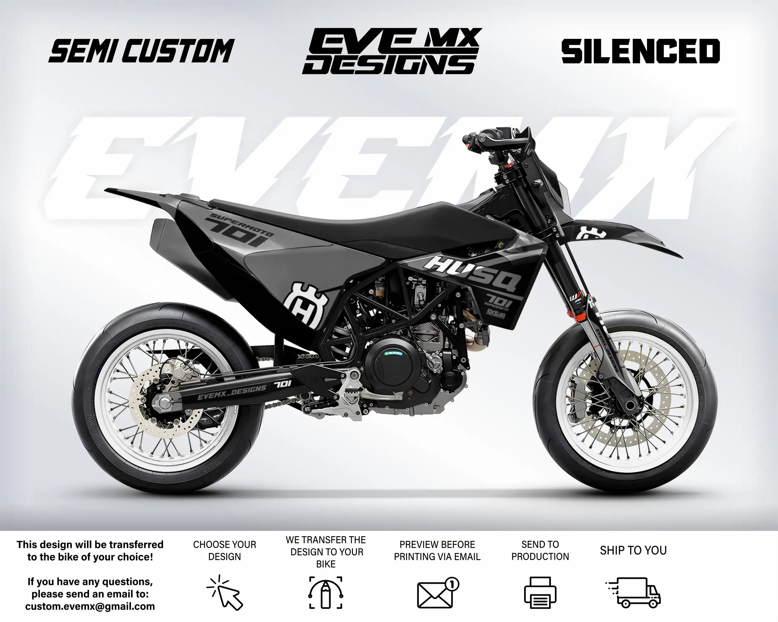 Motorcycle with 'EveMX Designs' branding on a white background