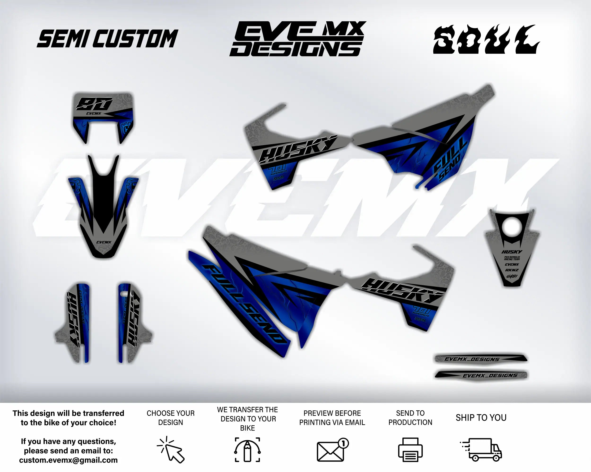 Motorcycle decals with 'Semi Custom', 'EveMX Designs', and 'Husky' branding on a white background.