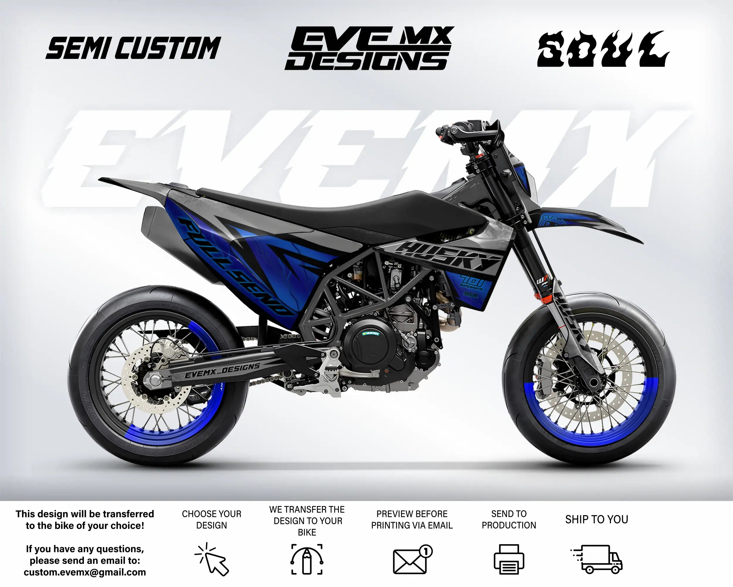 Motorcycle with 'EveMX Designs' branding on a white background