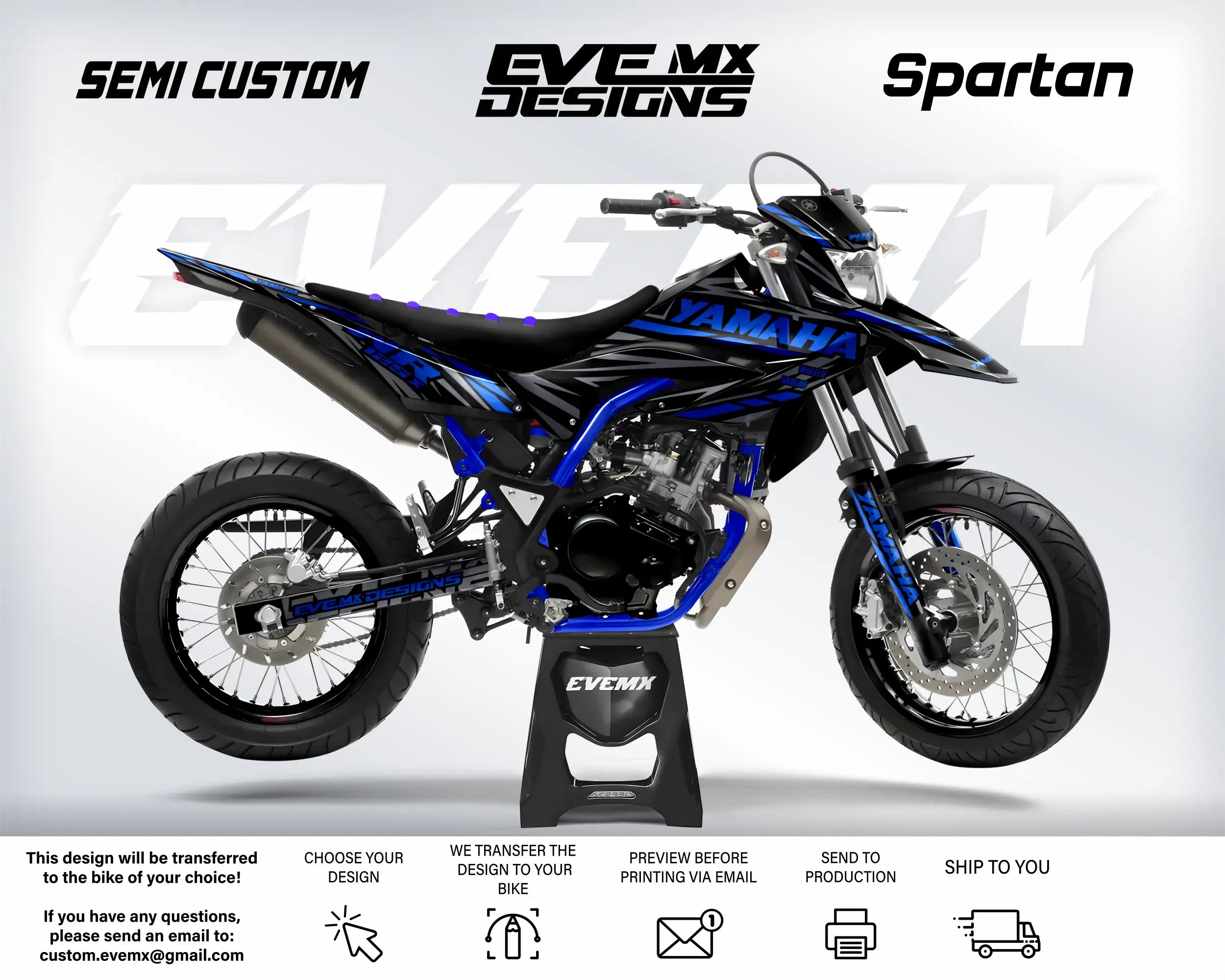 Yamaha motorcycle with 'EveMX Designs' branding on a white background