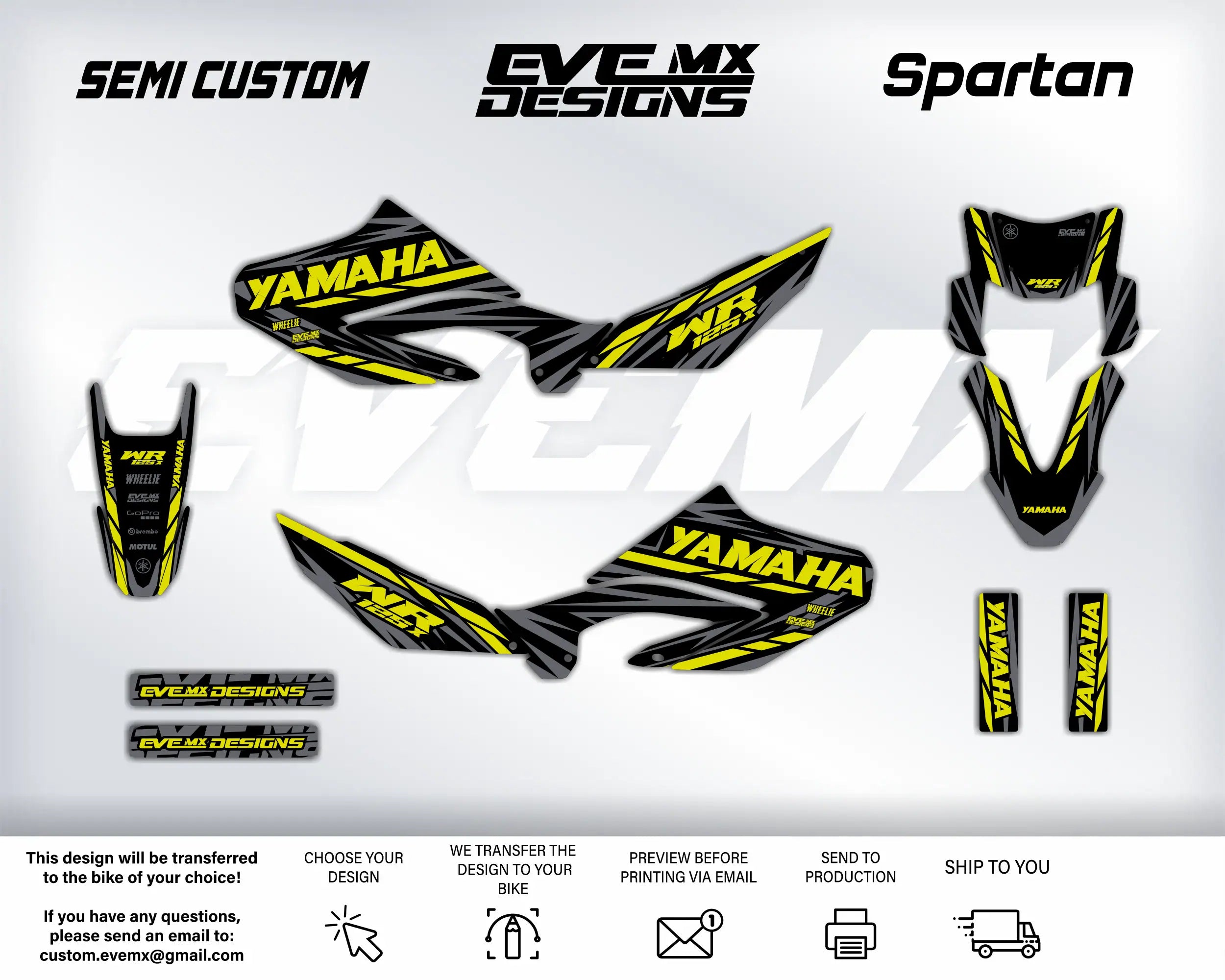 Yamaha motorcycle decals with 'EveMX Designs' branding on a white background