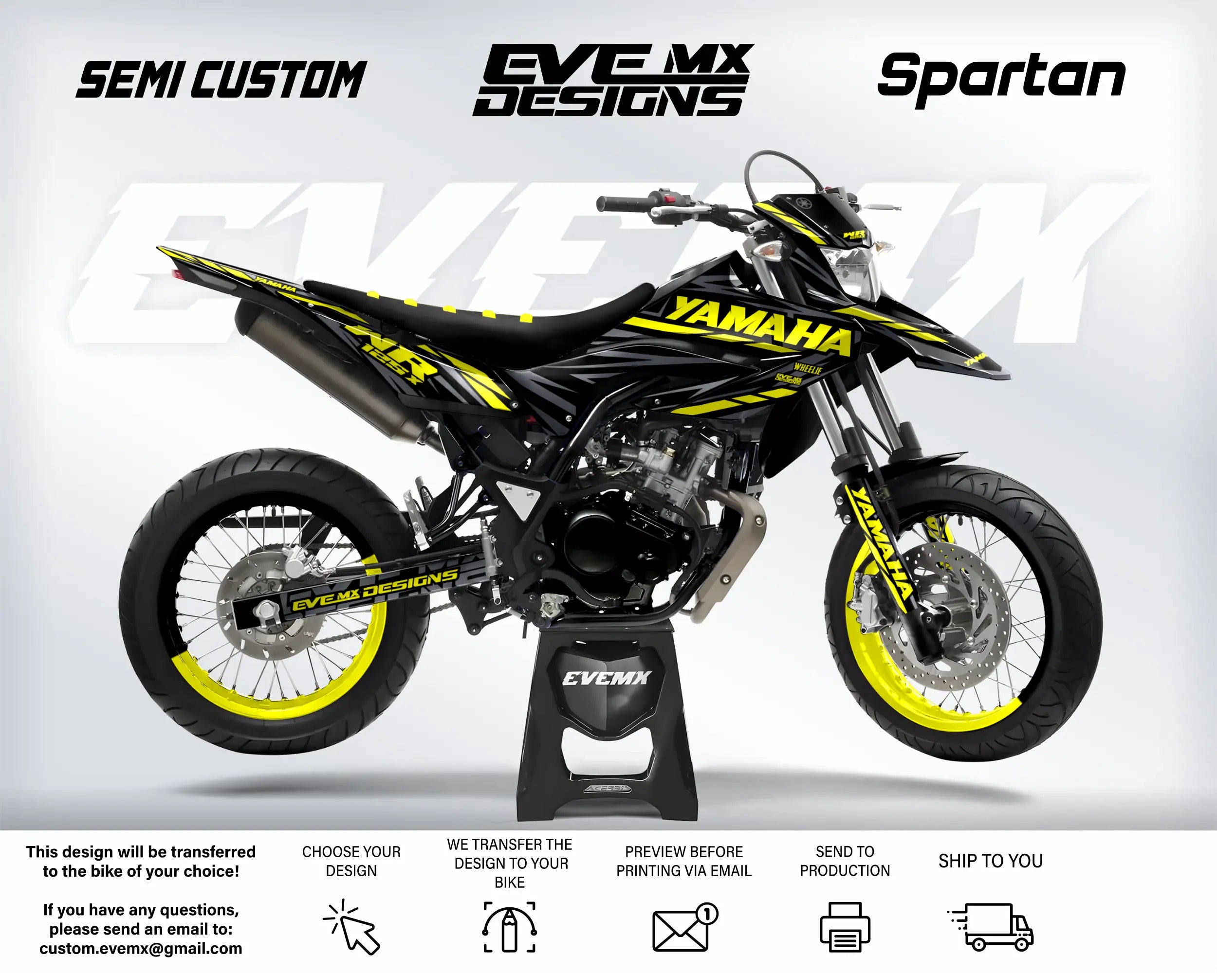Yamaha dirt bike with 'EveMX Designs' and 'Spartan' branding on a white background