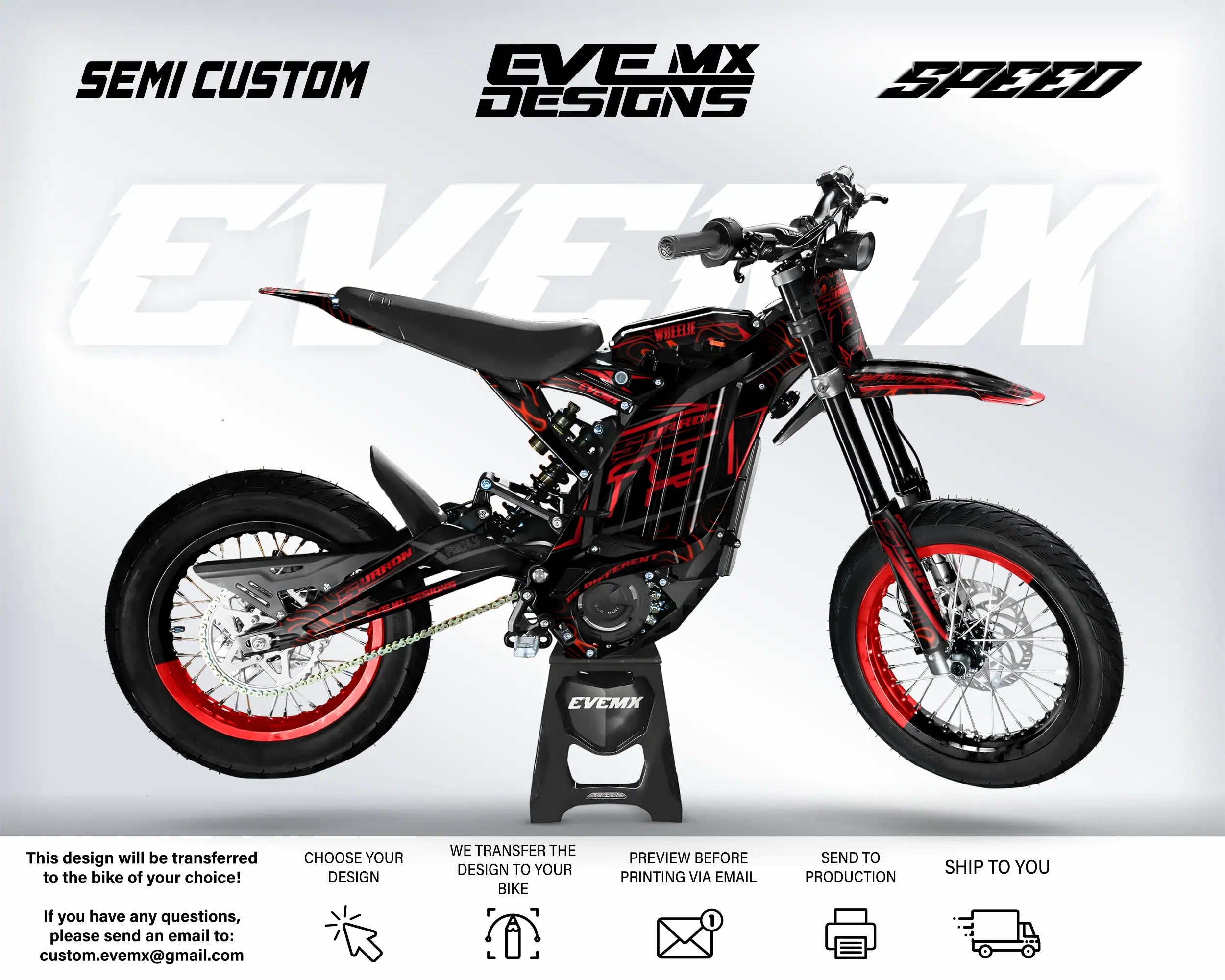 Black and red electric bike with 'Eve MX Designs' branding on a white background