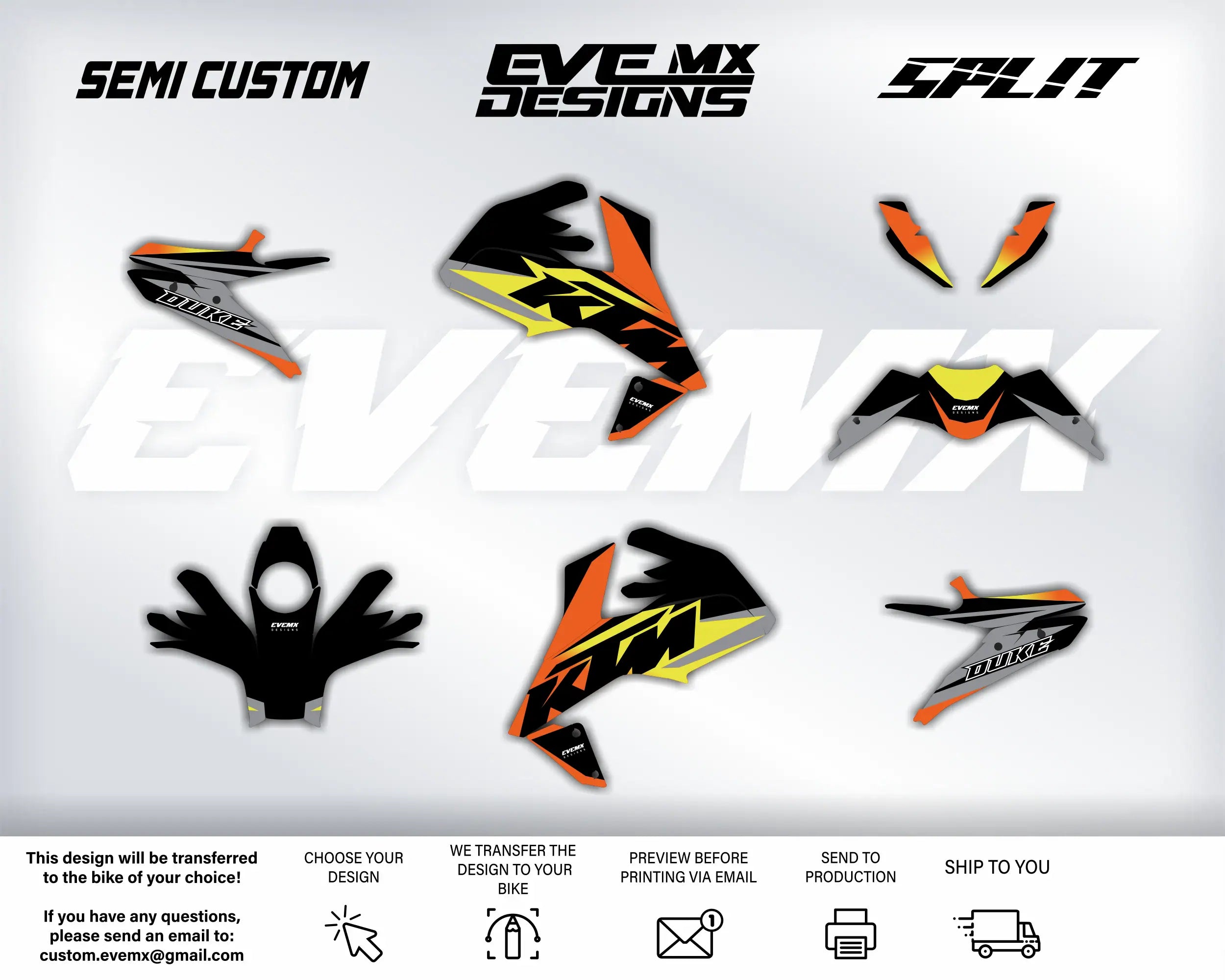 Collection of KTM motorcycle decals with Evemx Designs brand logos on a white background