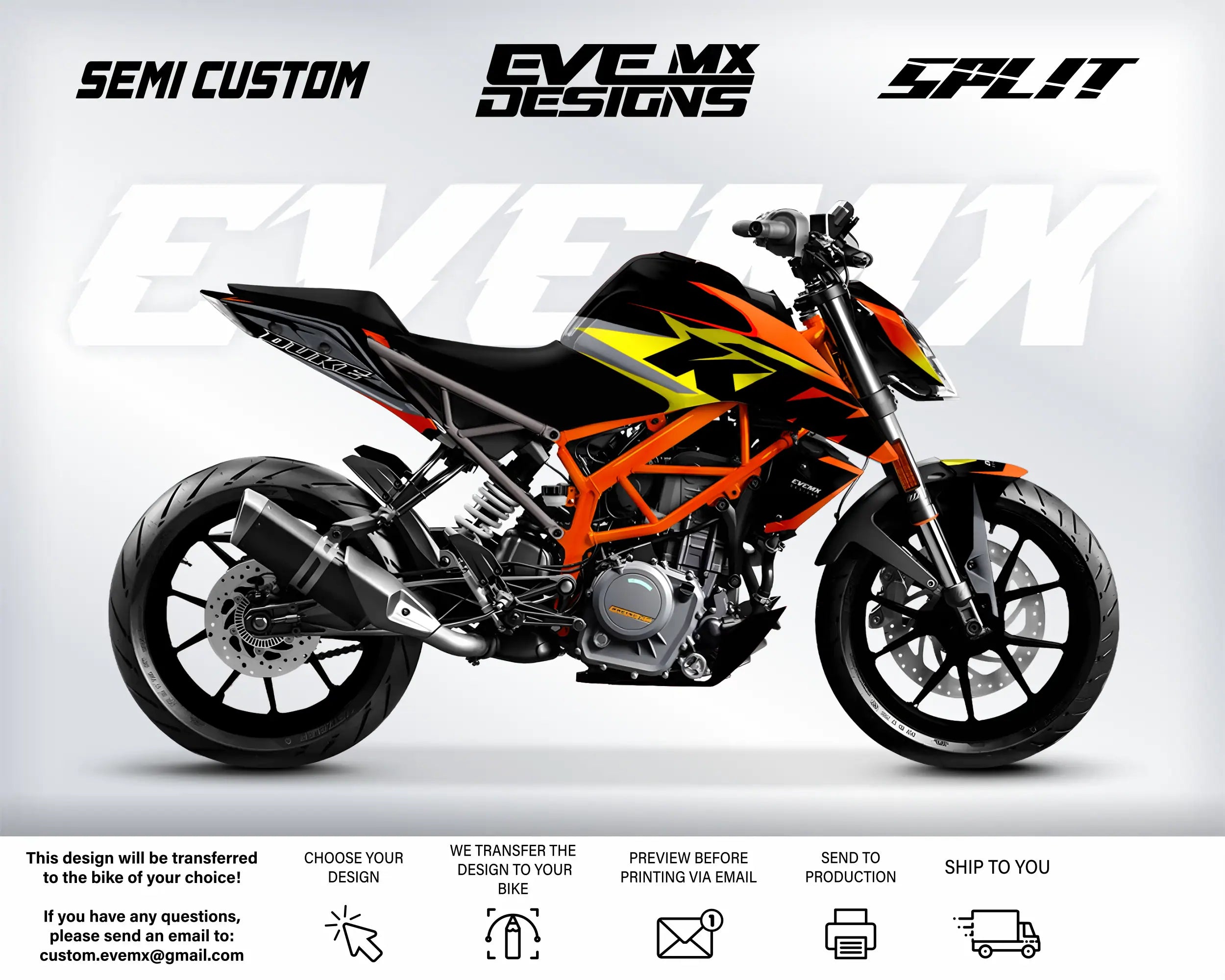 Motorcycle with 'EVEMX Designs' branding on a white background