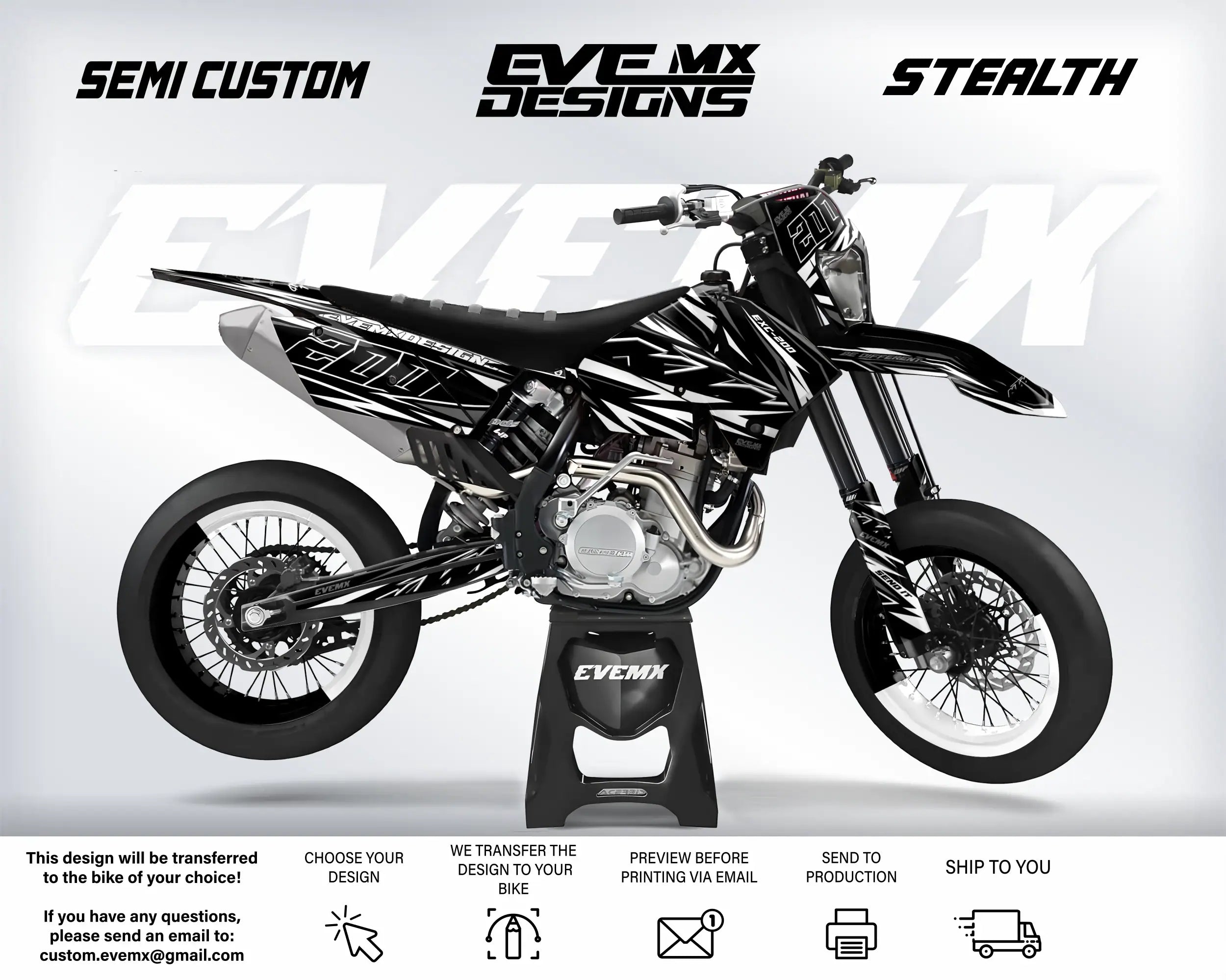 Motorcycle with 'EveMX Designs' branding on a white background