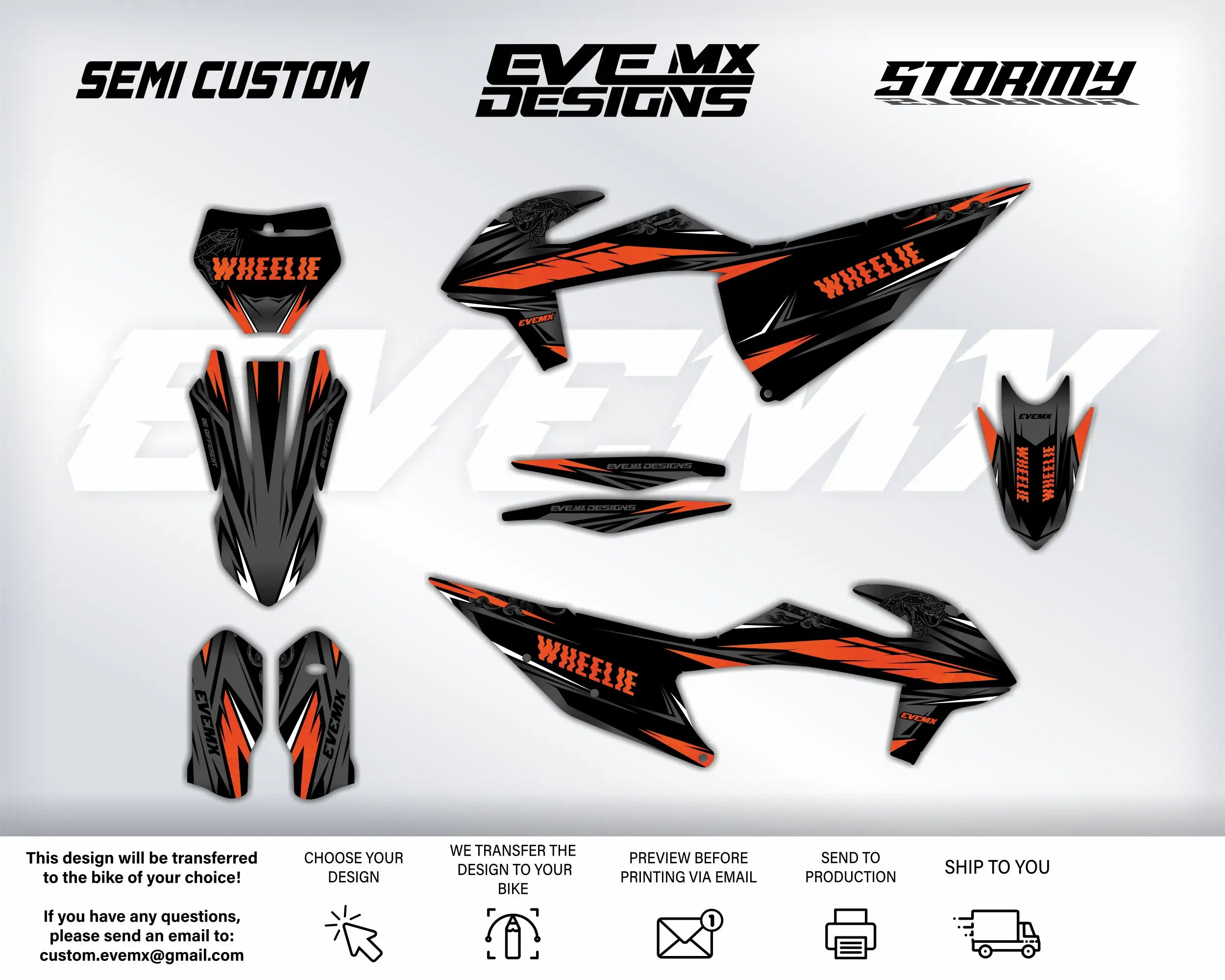 Motorcycle wrap design kit with 'Semi Custom', 'EveMX Designs', and 'Stormy' branding on a white background.
