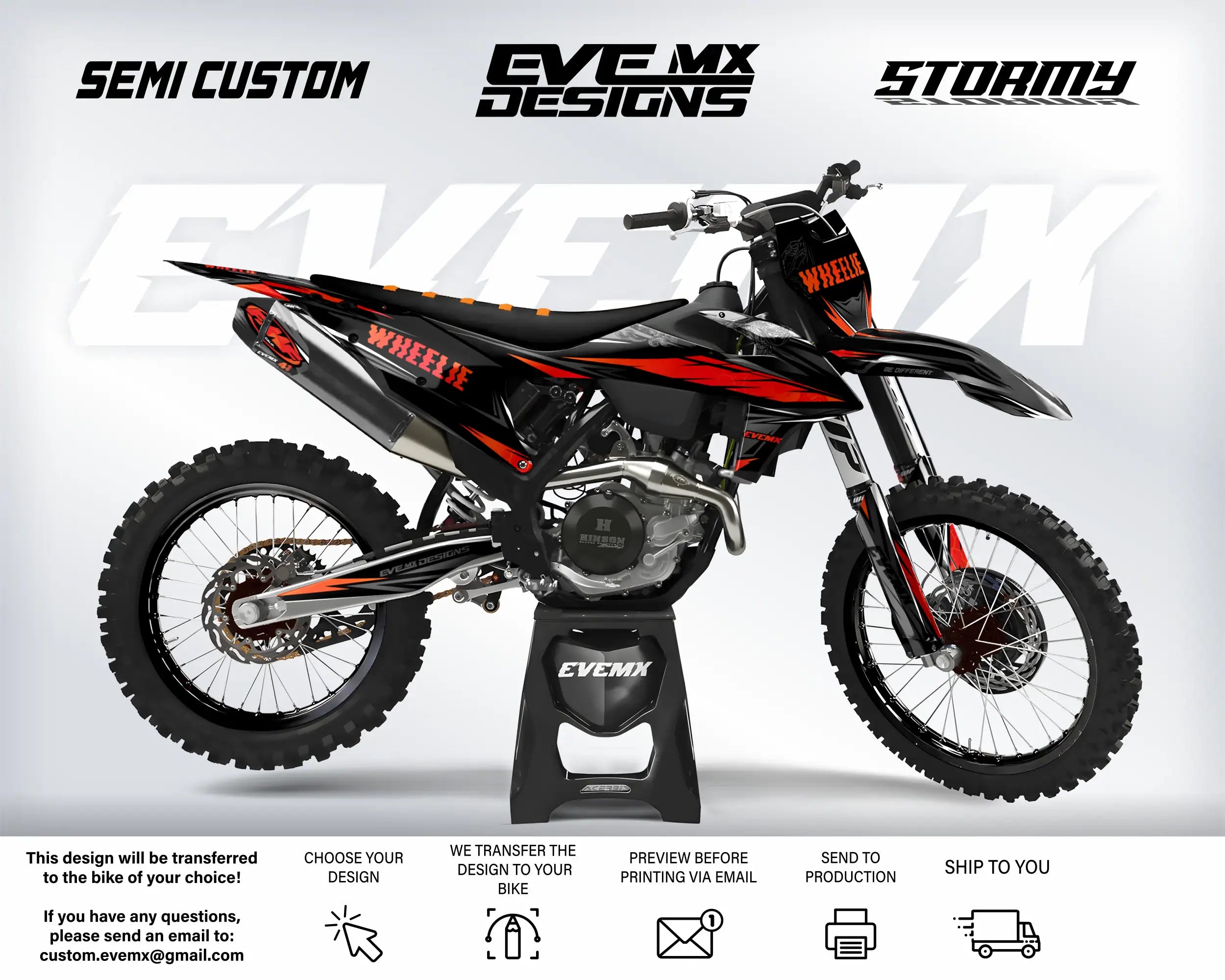 Motocross bike with 'EveMX Designs' branding on a white background