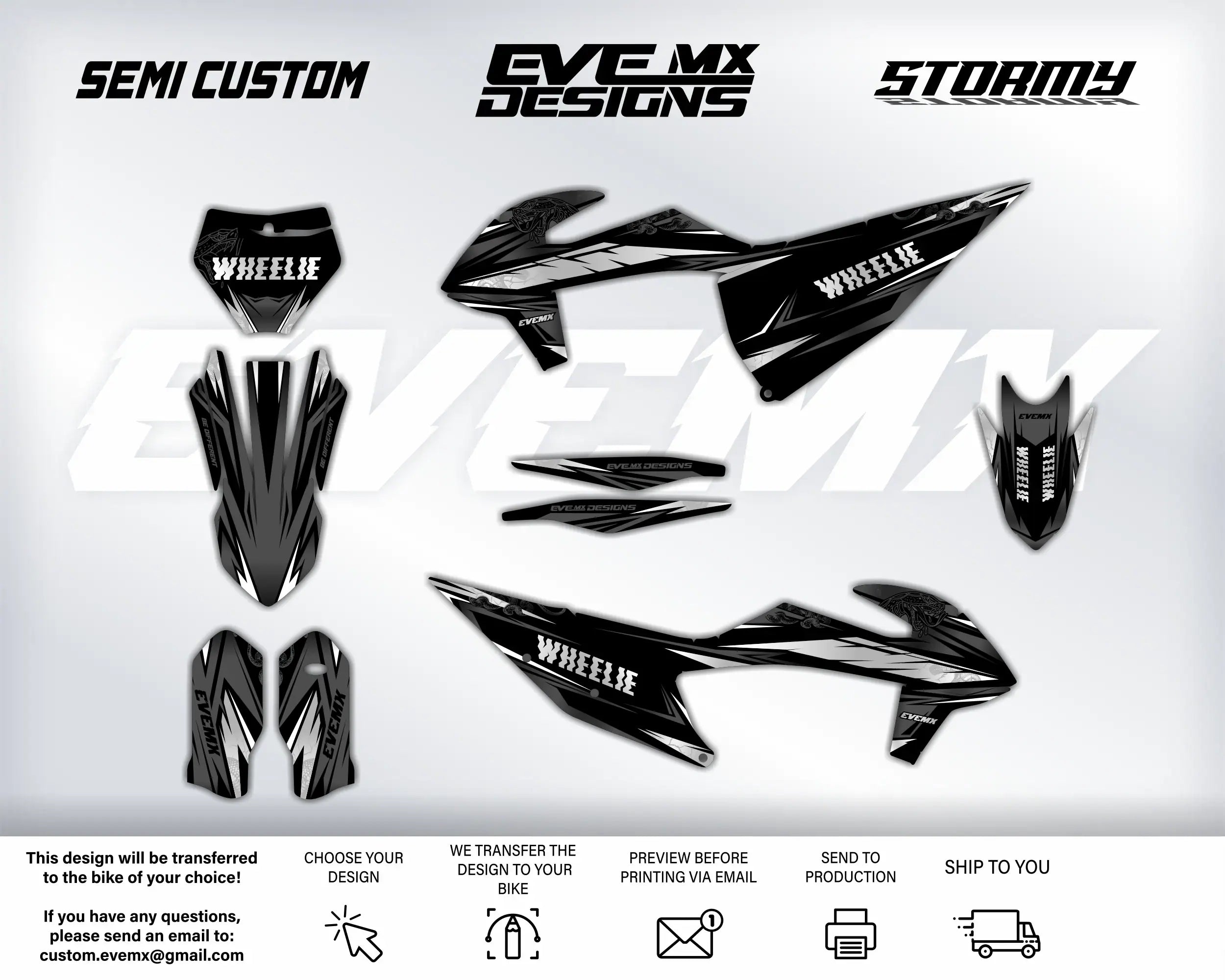Motorcycle wrap design kit with 'Semi Custom', 'EveMX Designs', and 'Stormy' branding on a white background.