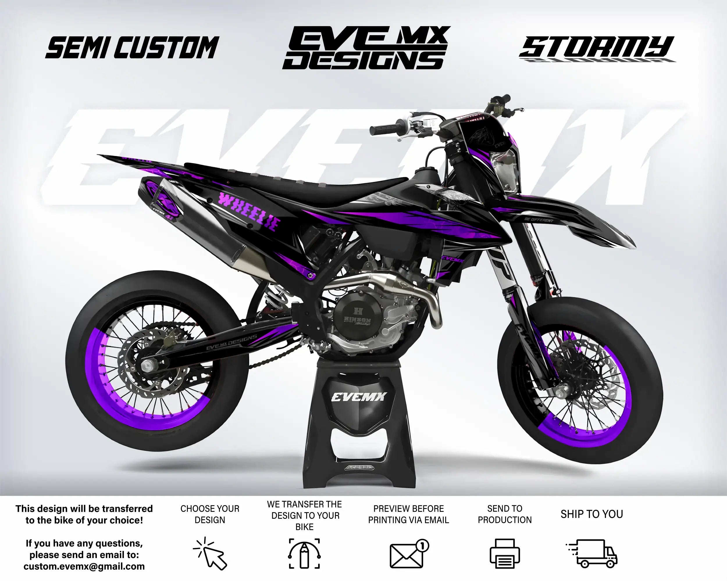 Motorcycle with purple accents on a white background, featuring 'EveMX Designs' branding.