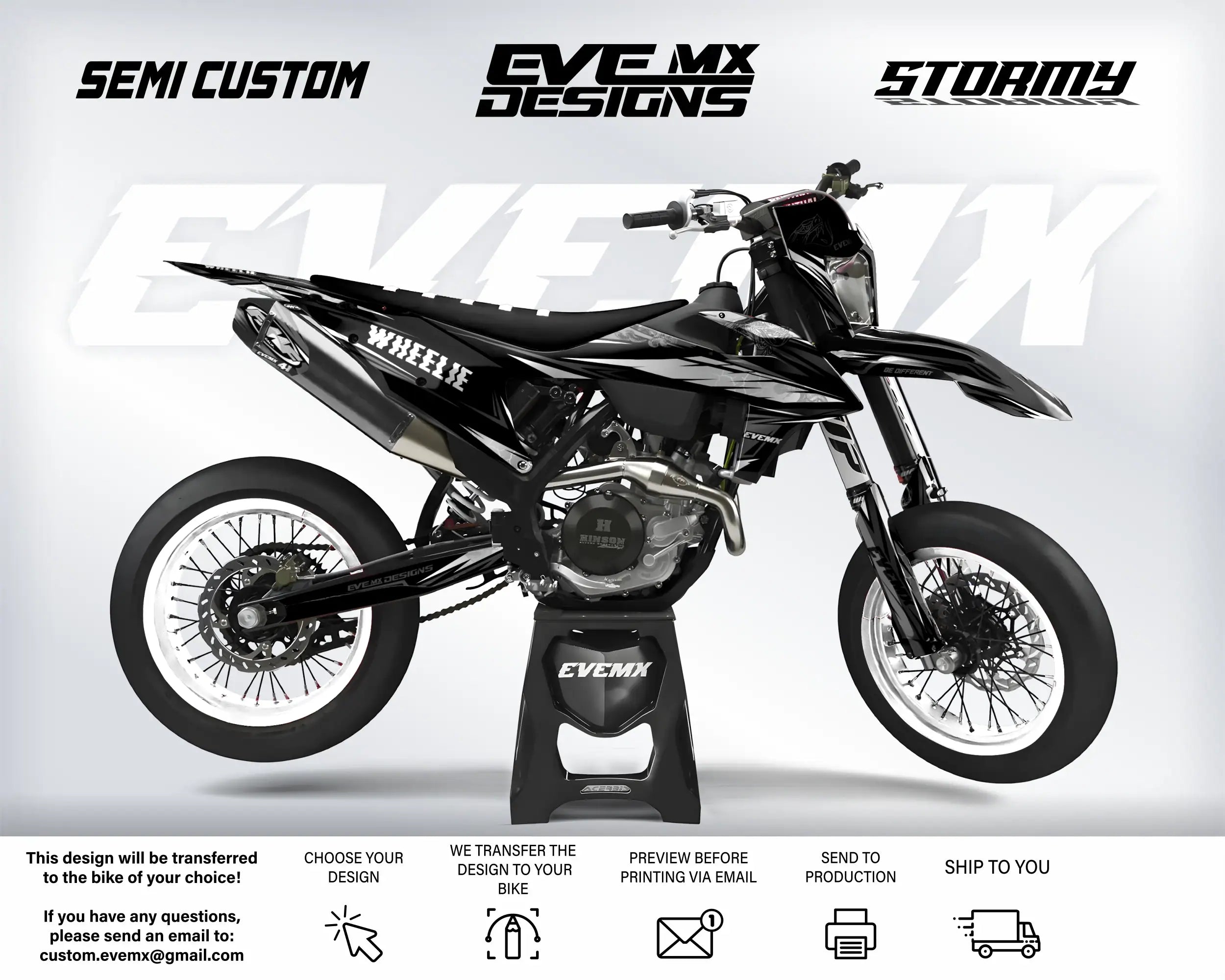 Black dirt bike on a stand with 'EveMX Designs' branding on a white background