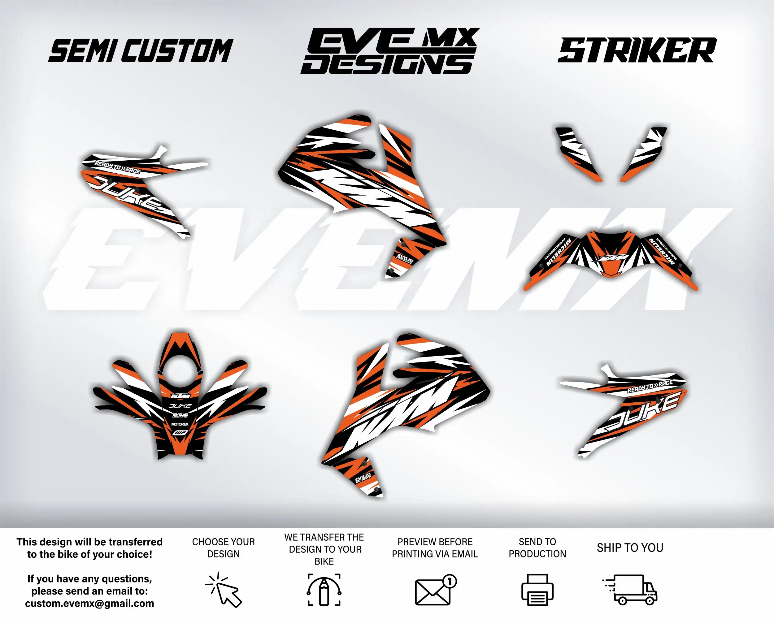 Collection of motorcycle wrap designs with Evemx Designs branding and product names on a white background