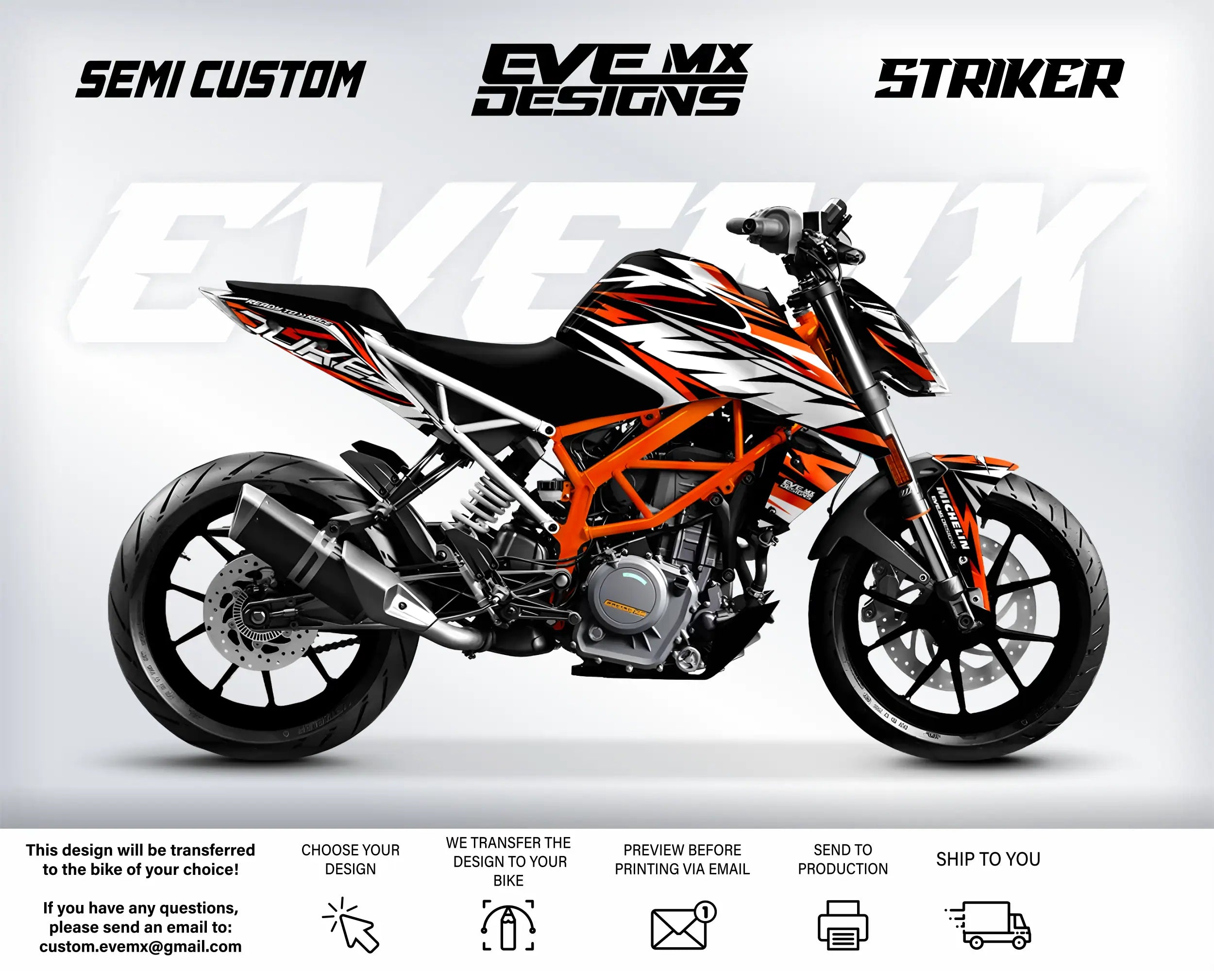 Motorcycle with 'EveMX Designs' branding on a white background