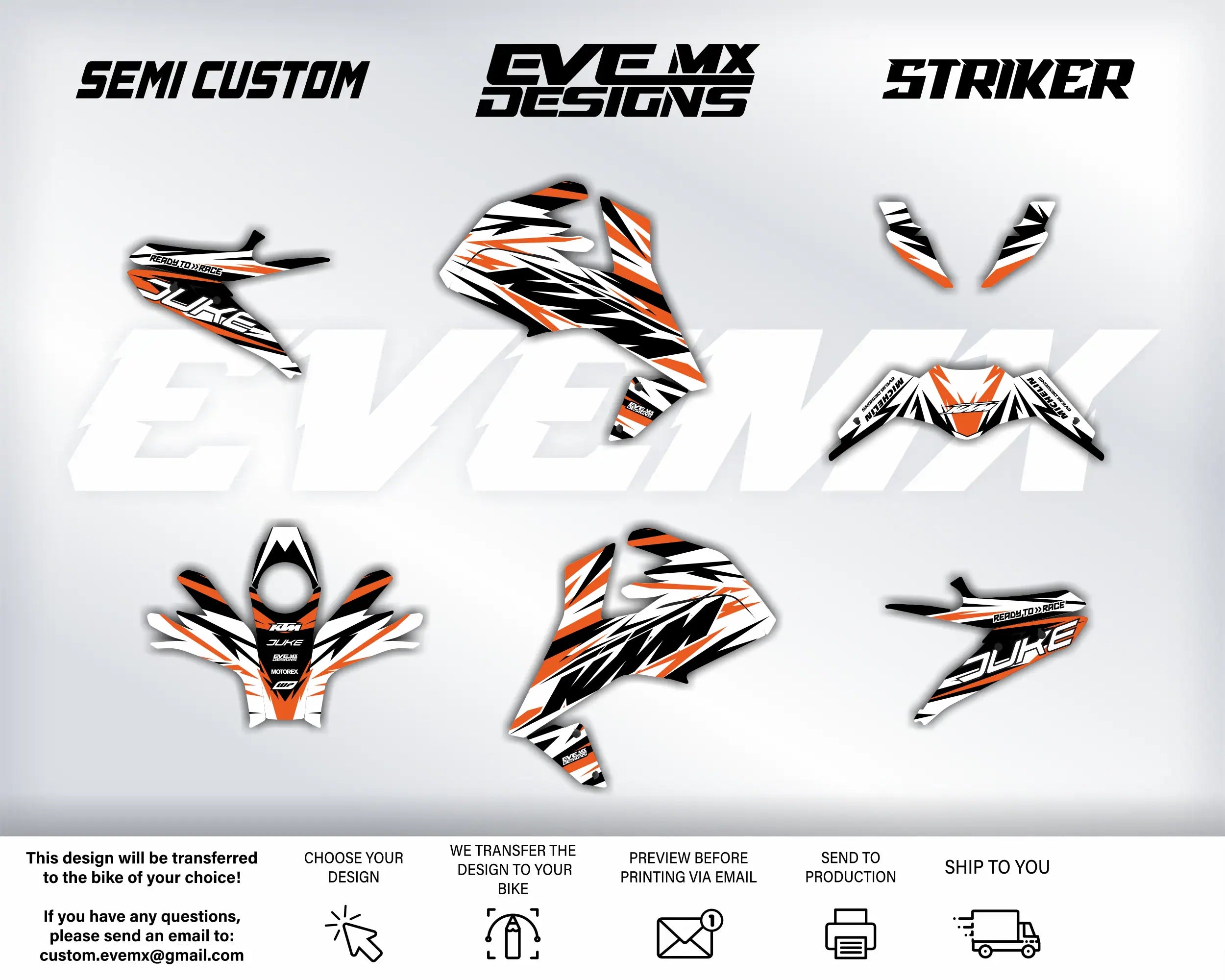Collection of motorcycle decals with 'EveMX Designs' branding on a white background.