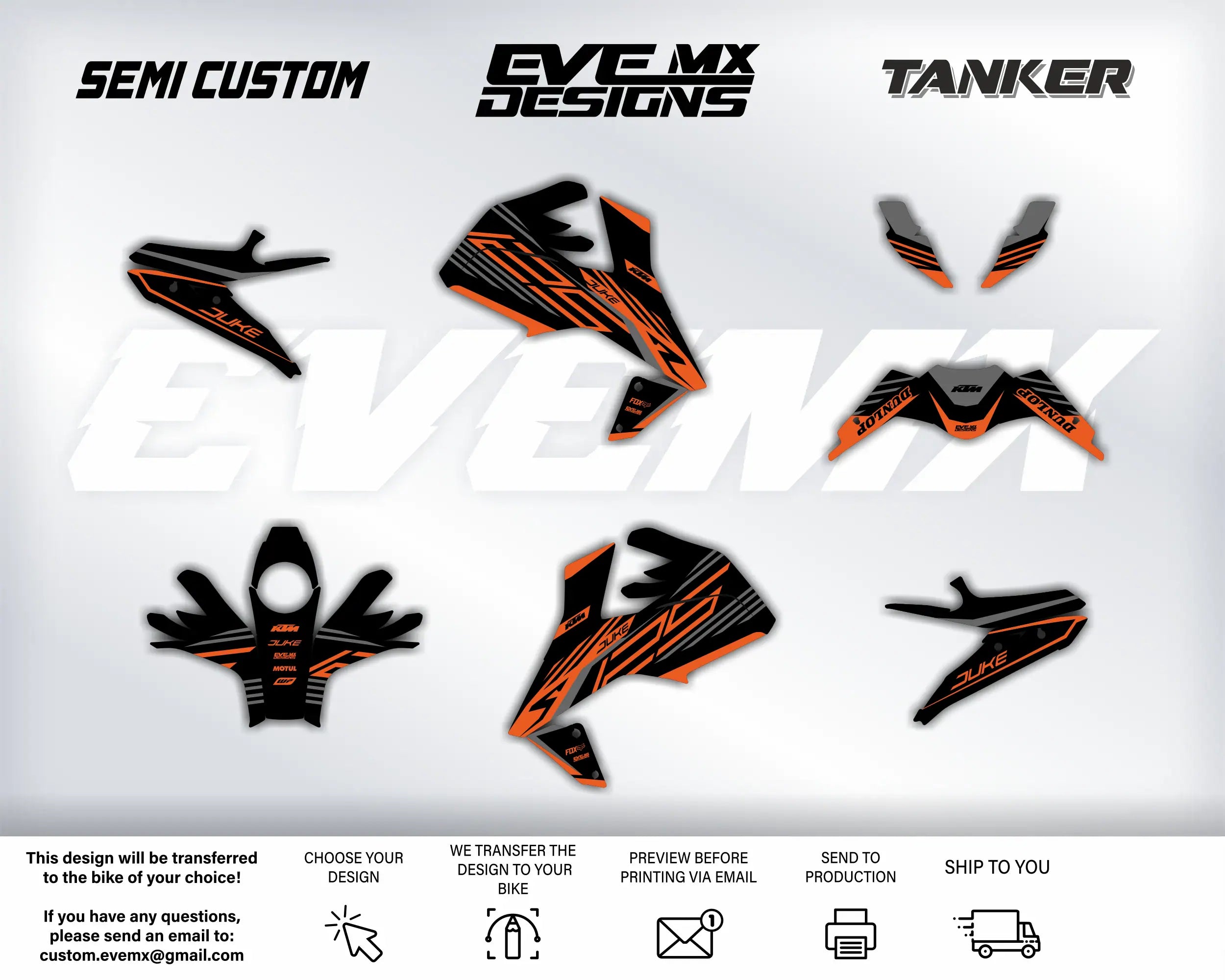 Collection of custom motorcycle decals with 'EveMX Designs' branding on a white background.
