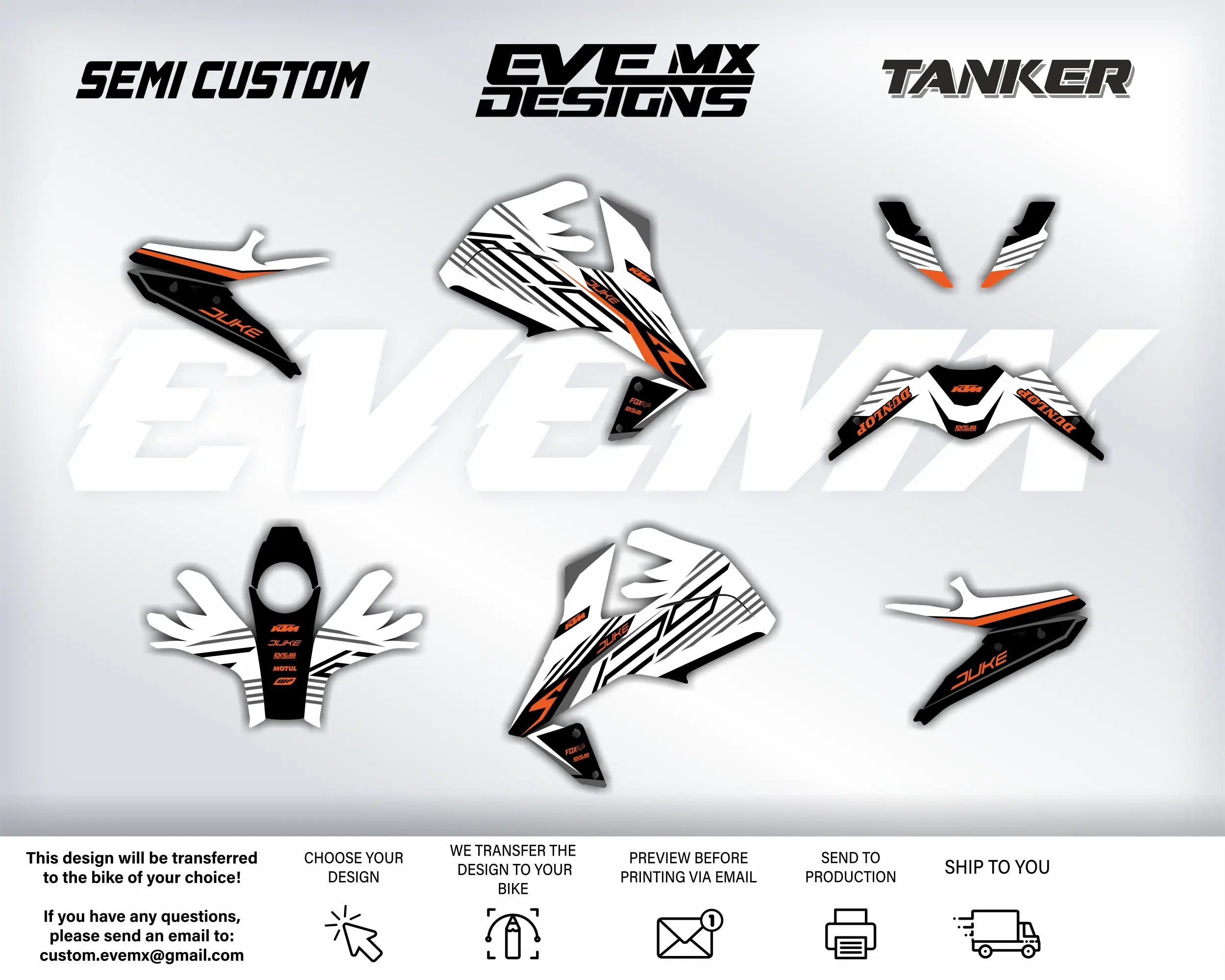 Collection of motorcycle decals with 'EveMX Designs' branding on a white background.