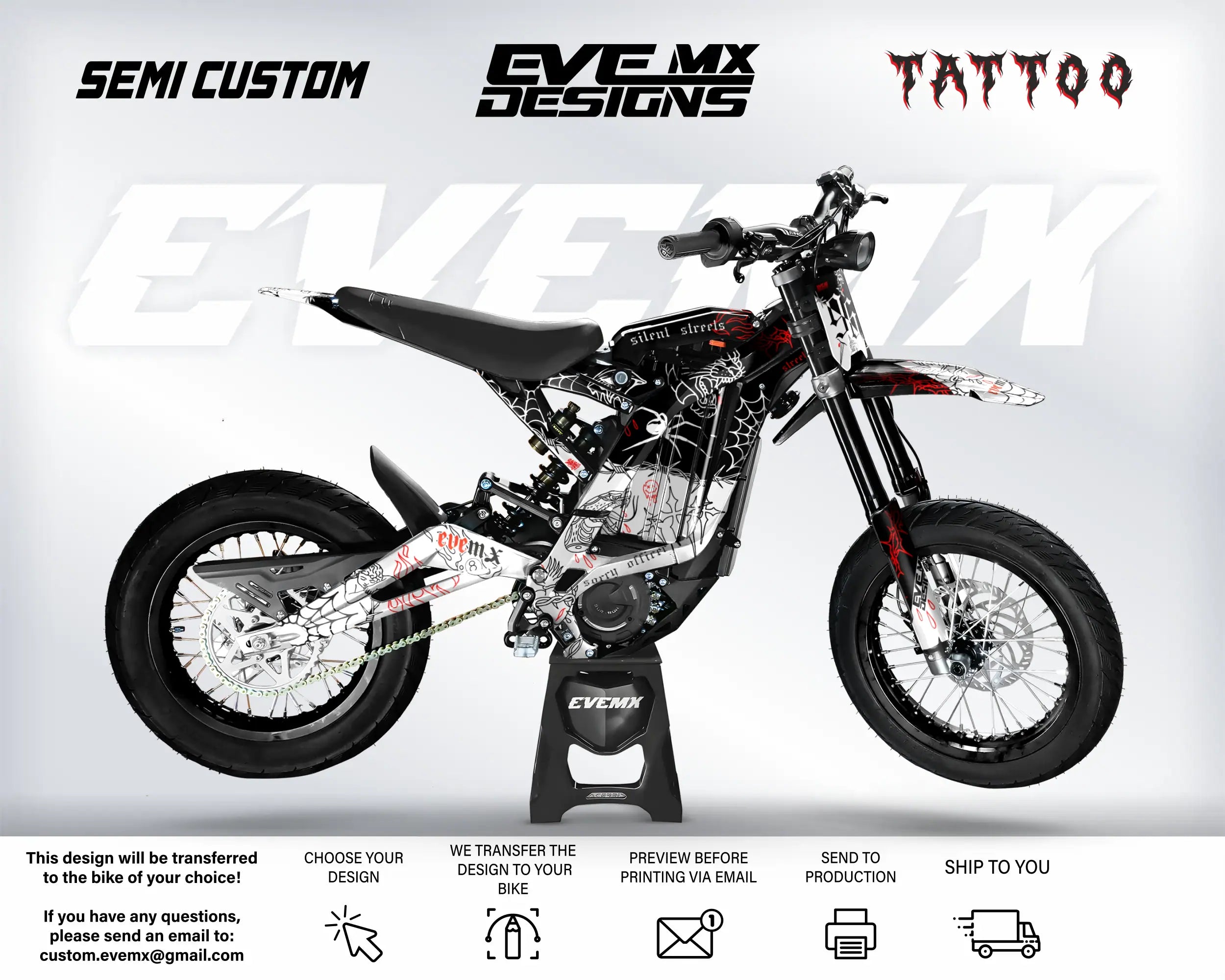 Custom motorcycle with 'EveMX Designs' branding on a white background