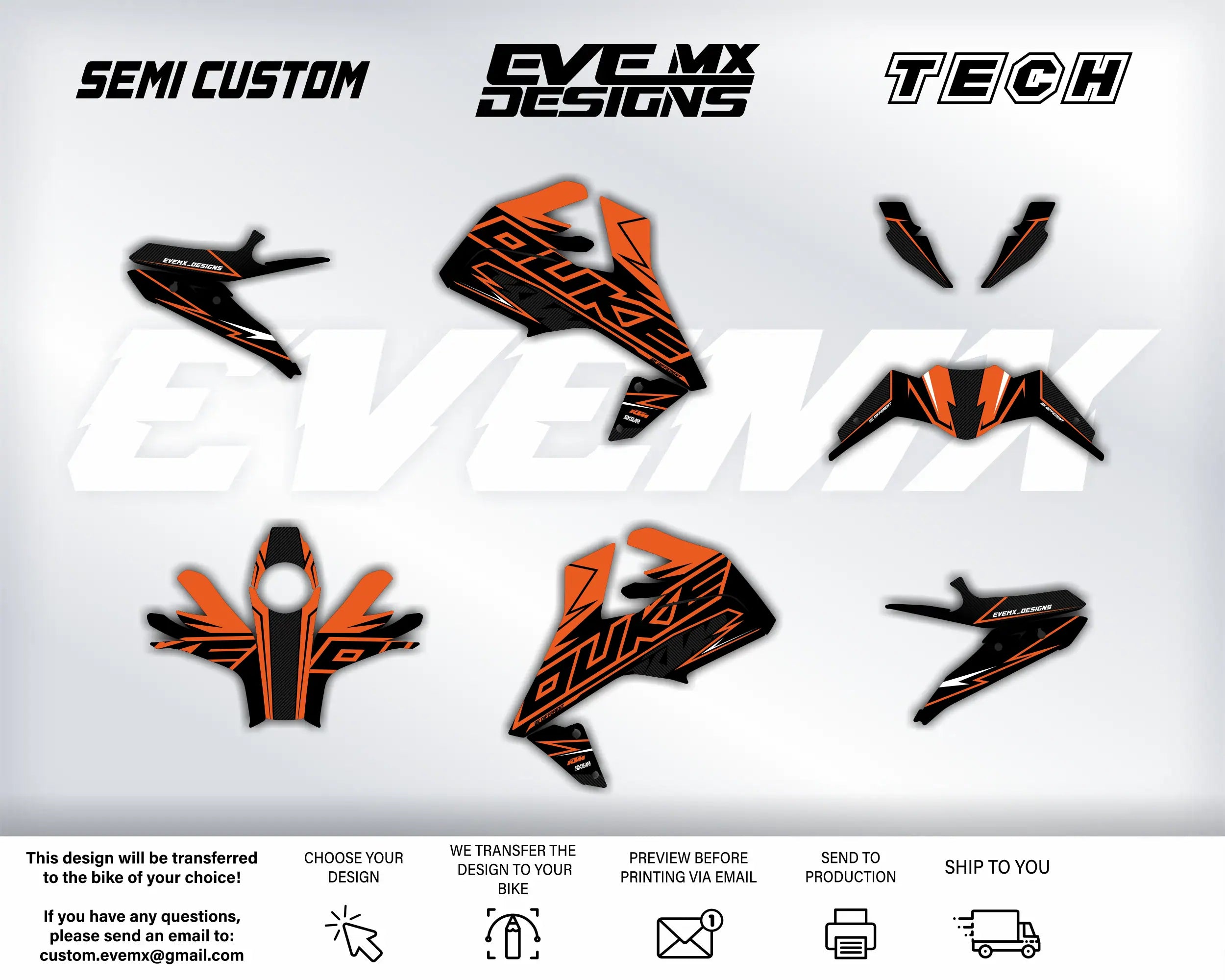 Collection of orange and black graphics with 'EVEMX Designs' branding on a white background.