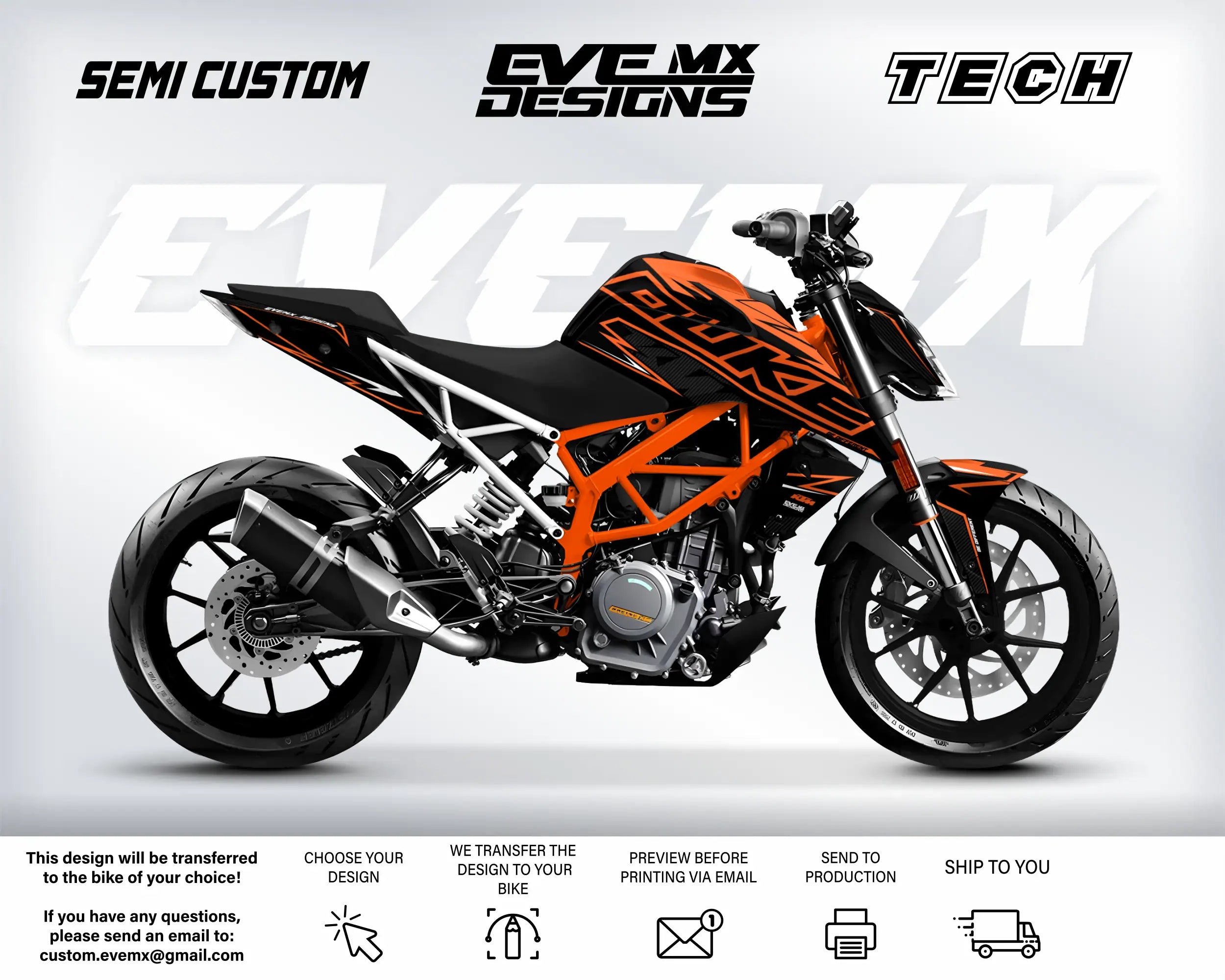 Orange and black motorcycle with 'EVEMX Designs' branding on a white background