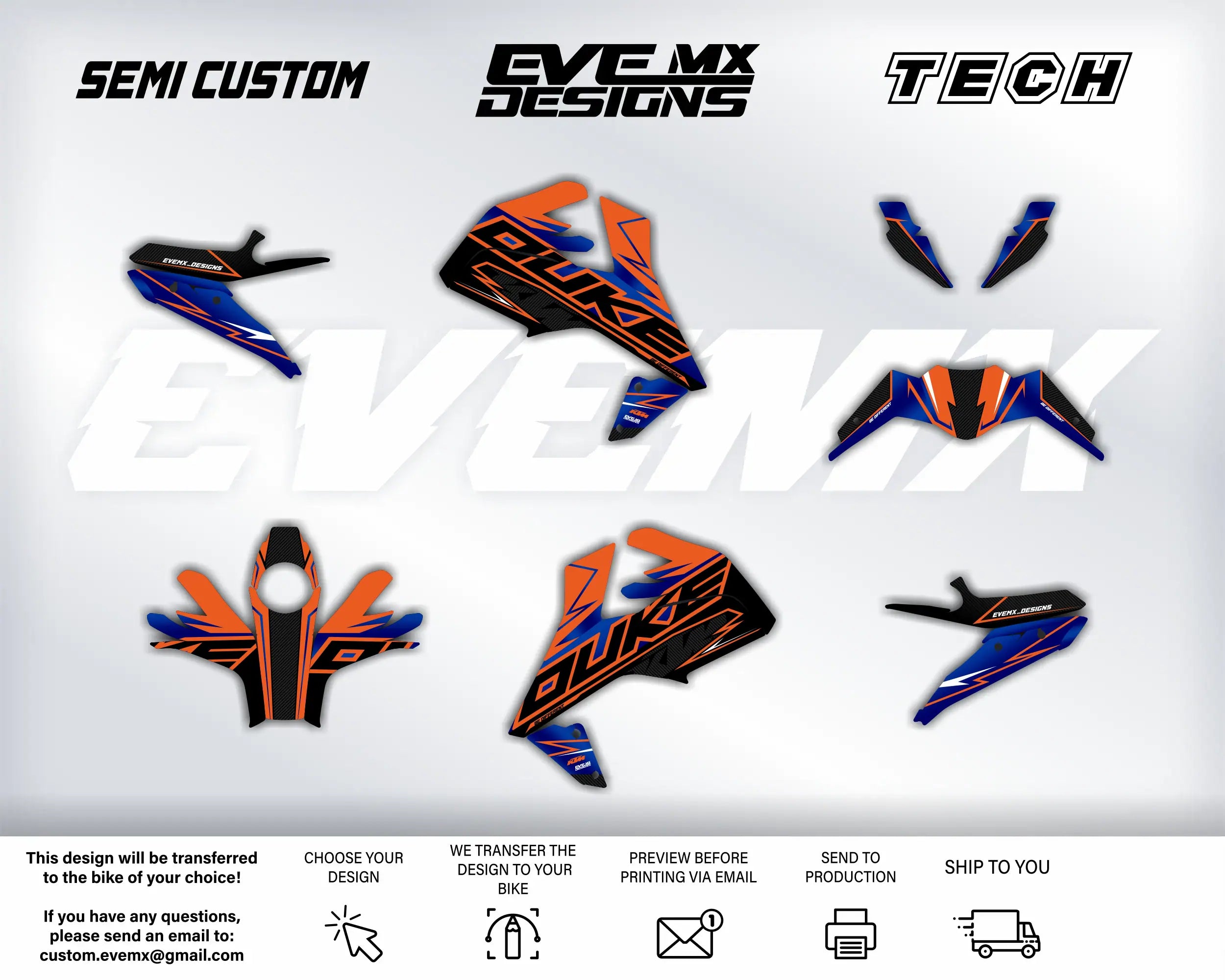 Collection of motorcycle graphics with 'EVEMX Designs' branding on a white background.