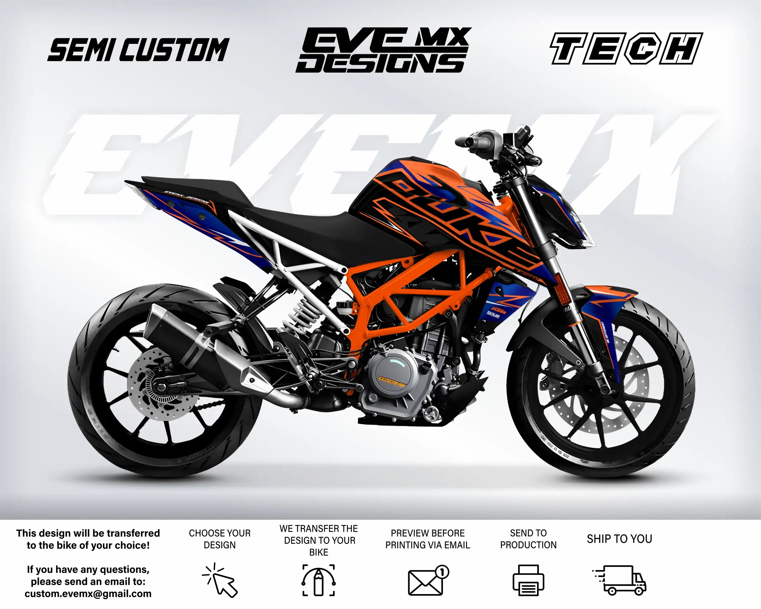 Orange and black motorcycle with 'EVEMX Designs' branding on a white background