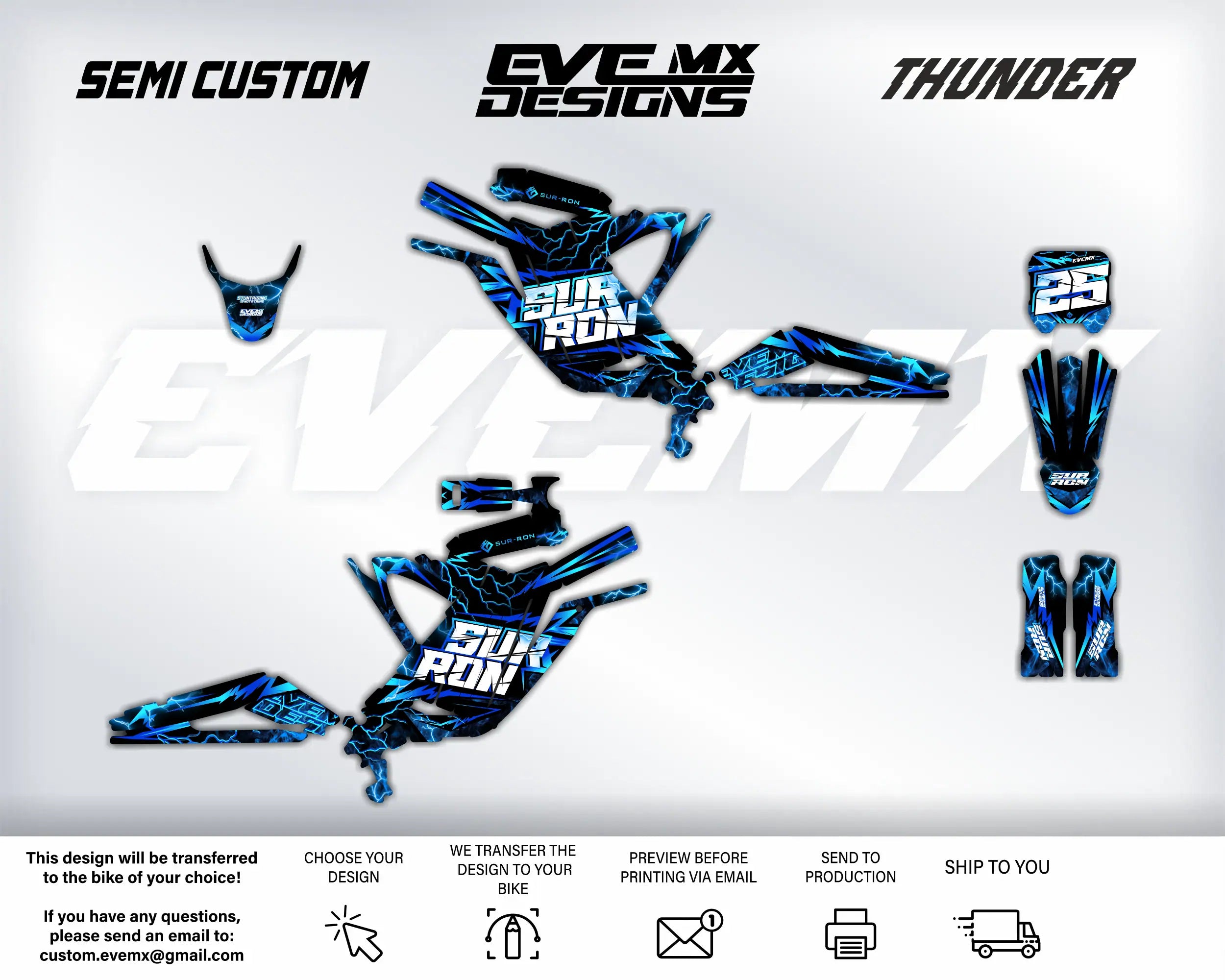 Motorcycle graphics kit with 'Semi Custom', 'EveMX Designs', and 'Thunder' branding on a white background.