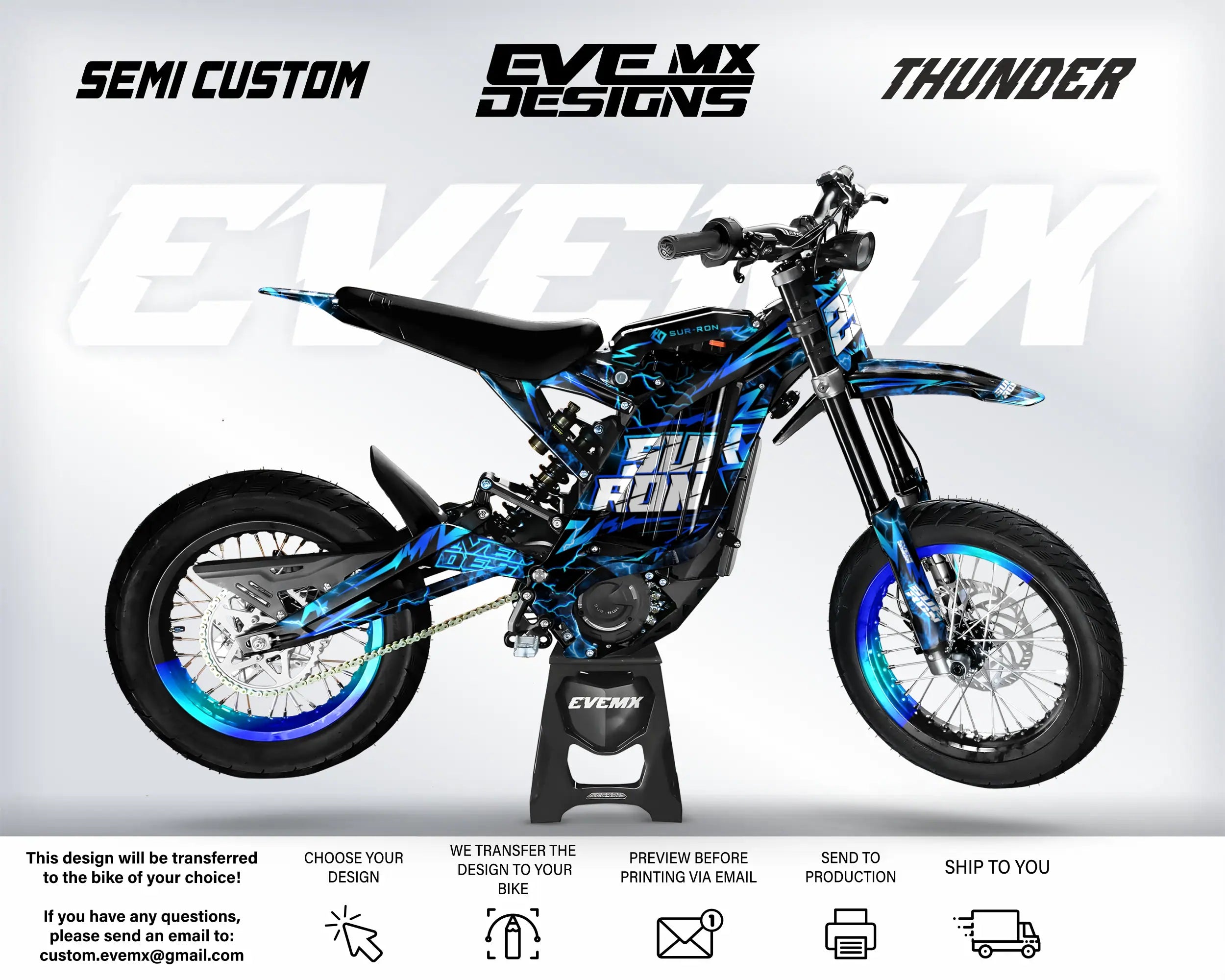 Motorcycle with blue and black design on a white background, featuring 'EveMX Designs' branding.