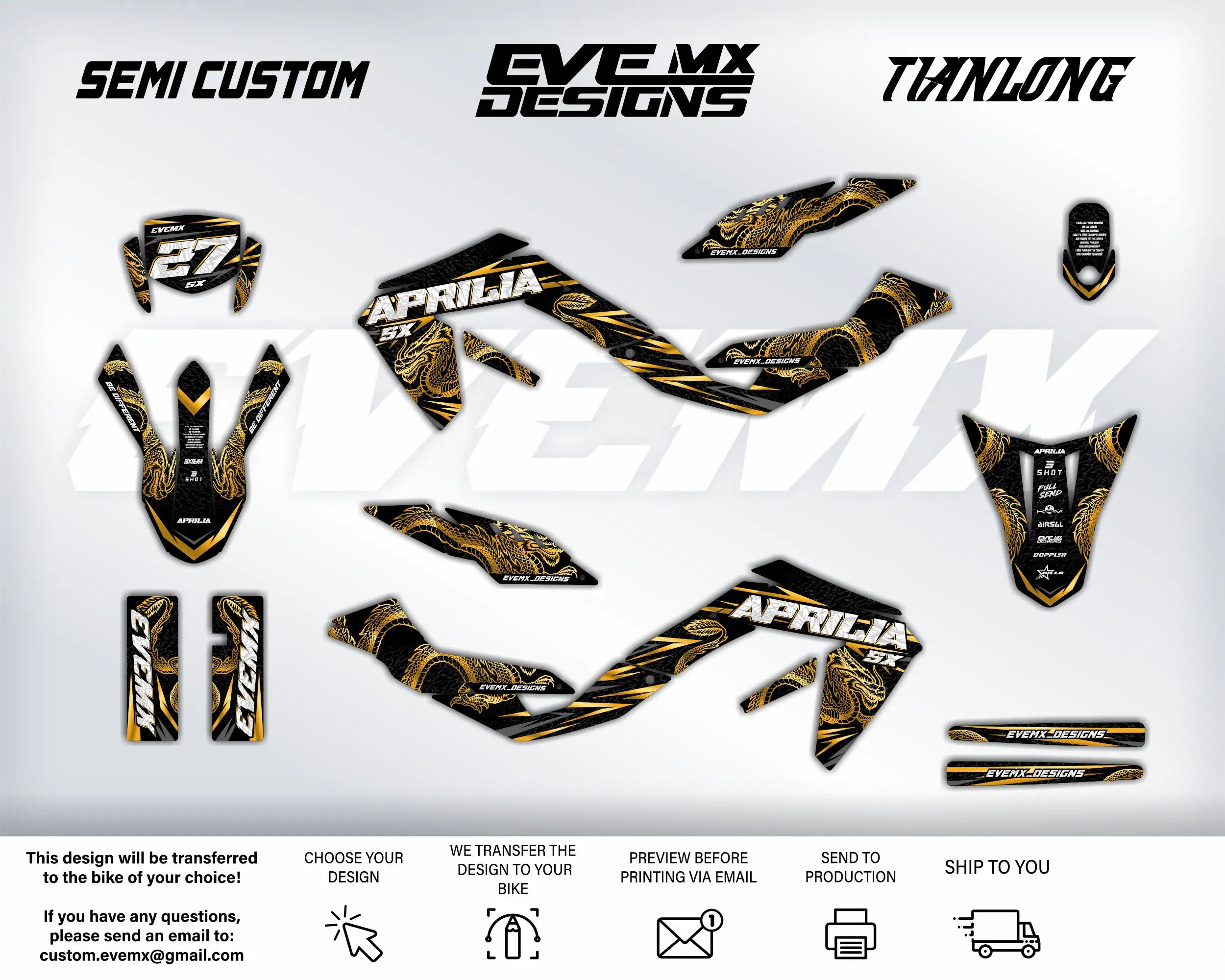 Motorcycle decals with Aprilia branding on a white background, featuring SEMI CUSTOM, EveMX DESIGNS, and TIANLONG logos.