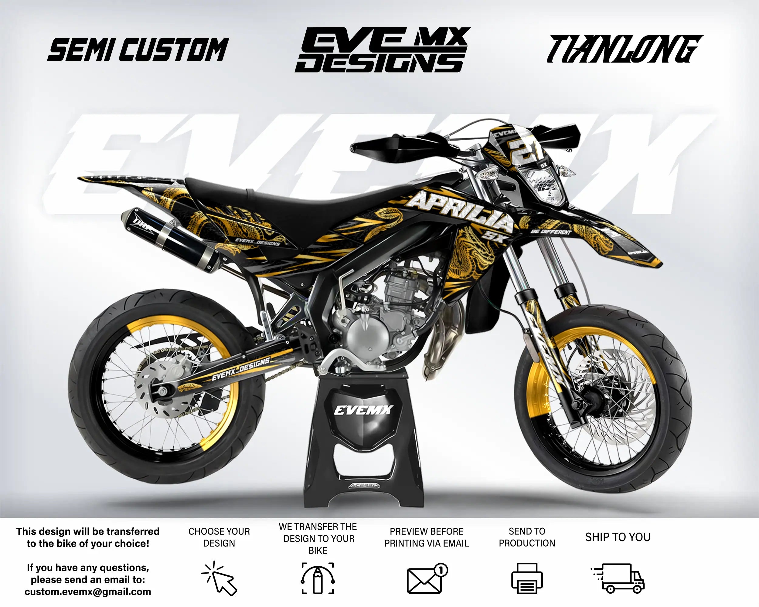 Motorcycle with custom design on a white background, featuring EveMX Designs branding and design transfer services.