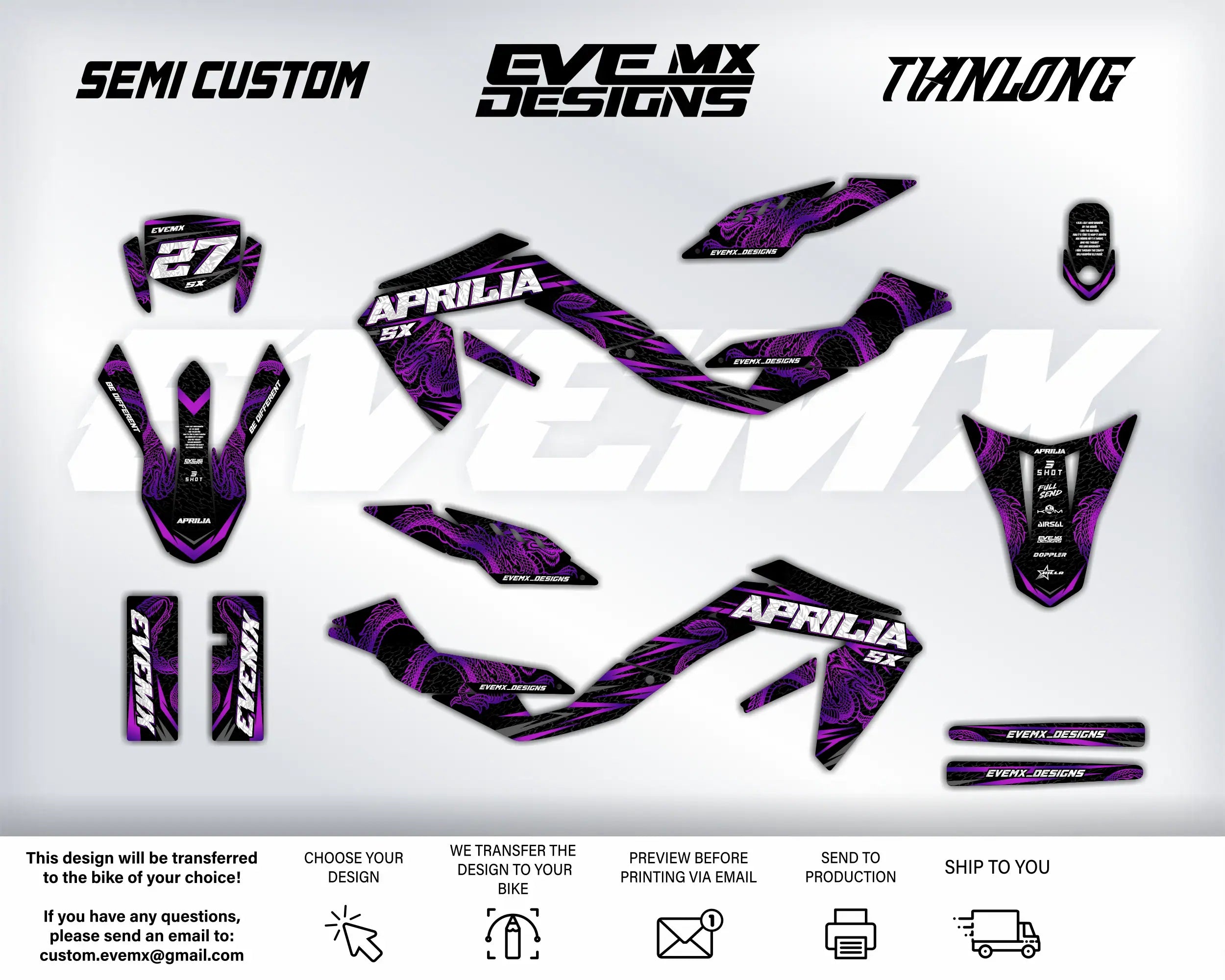 Purple and black Aprilia motorcycle decals with EveMX Designs brand logos on a white background