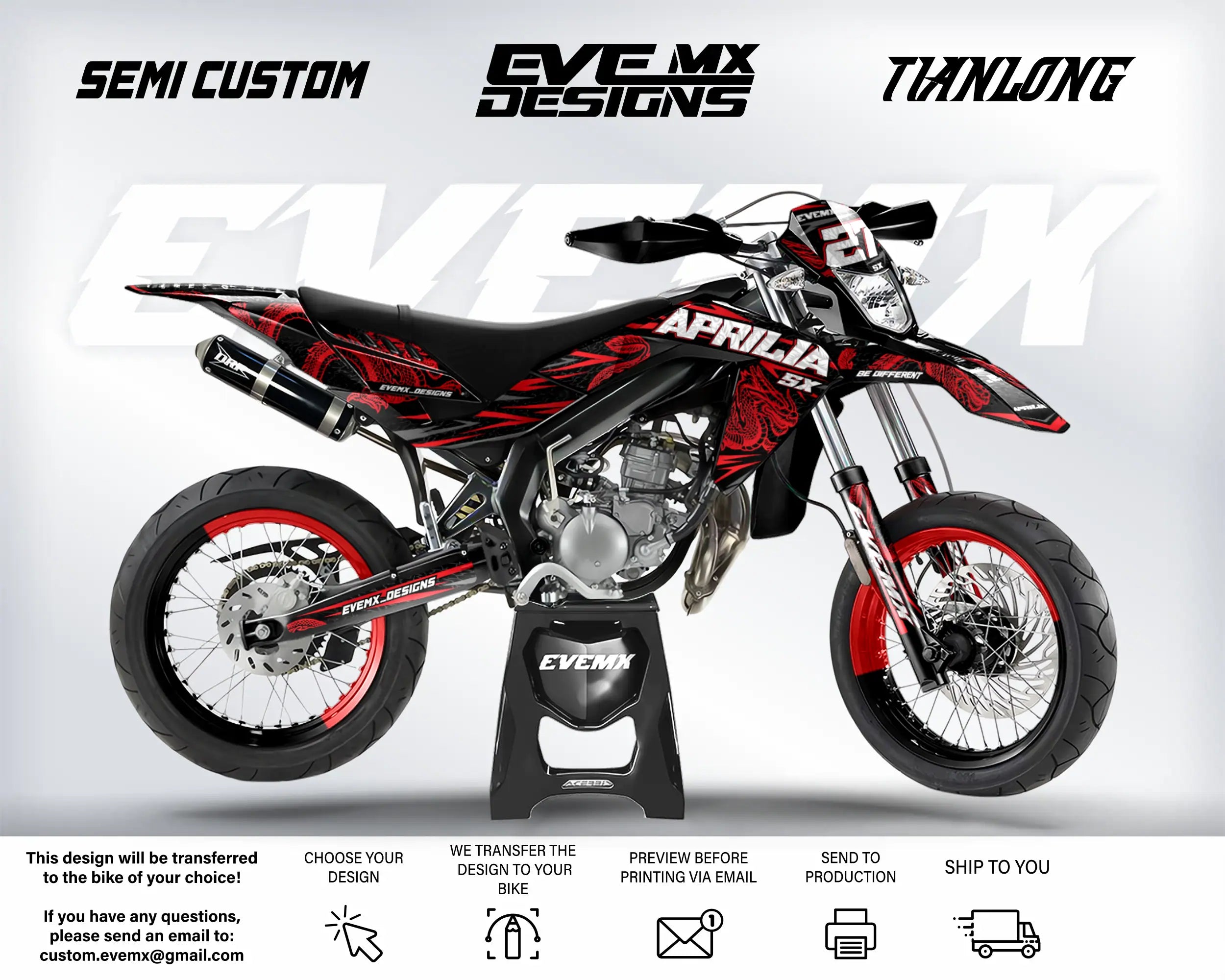 Motorcycle with custom design elements on a white background, featuring EveMX Designs branding and customization options.