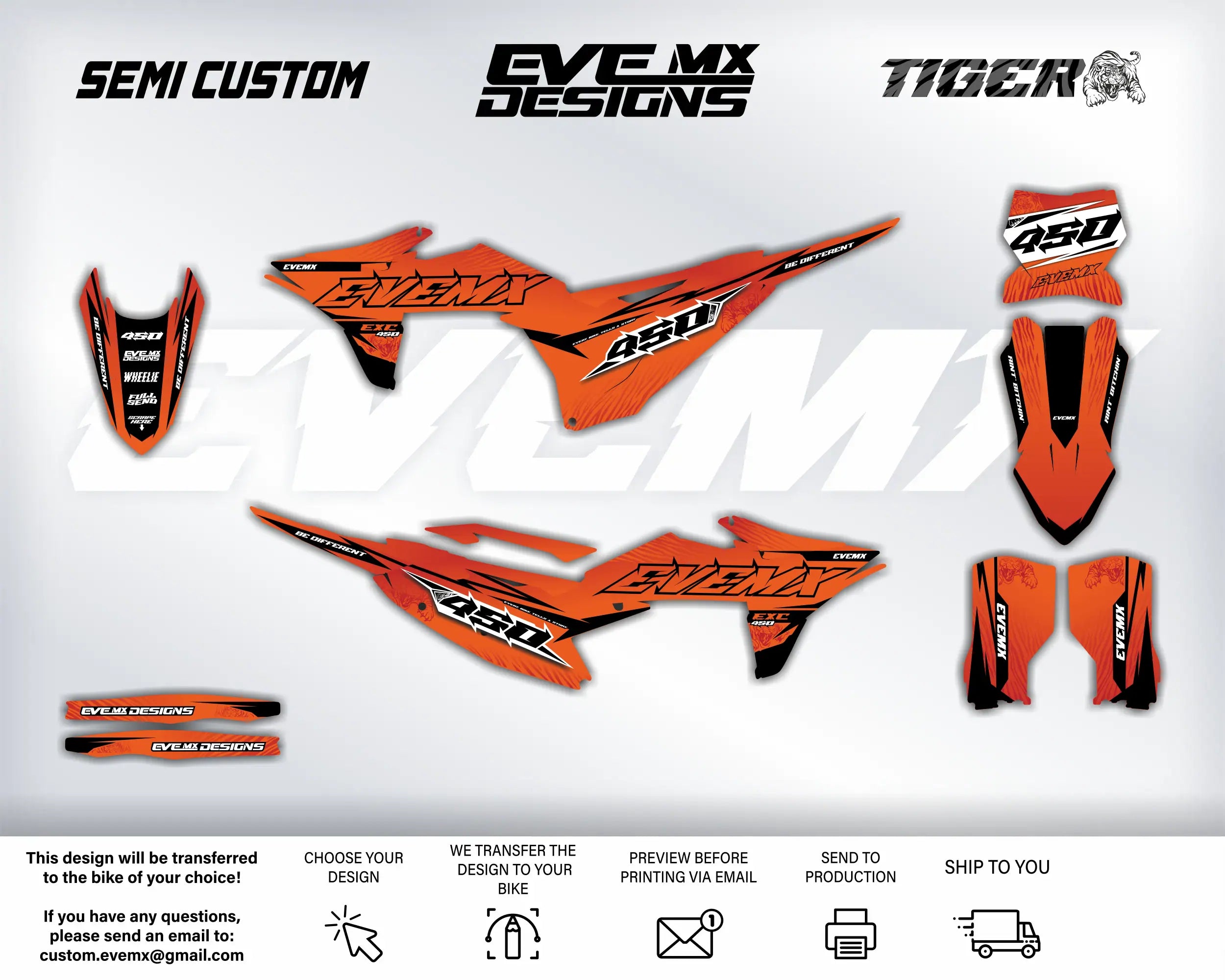 Motorcycle decals with 'EveMX Designs' branding on a white background