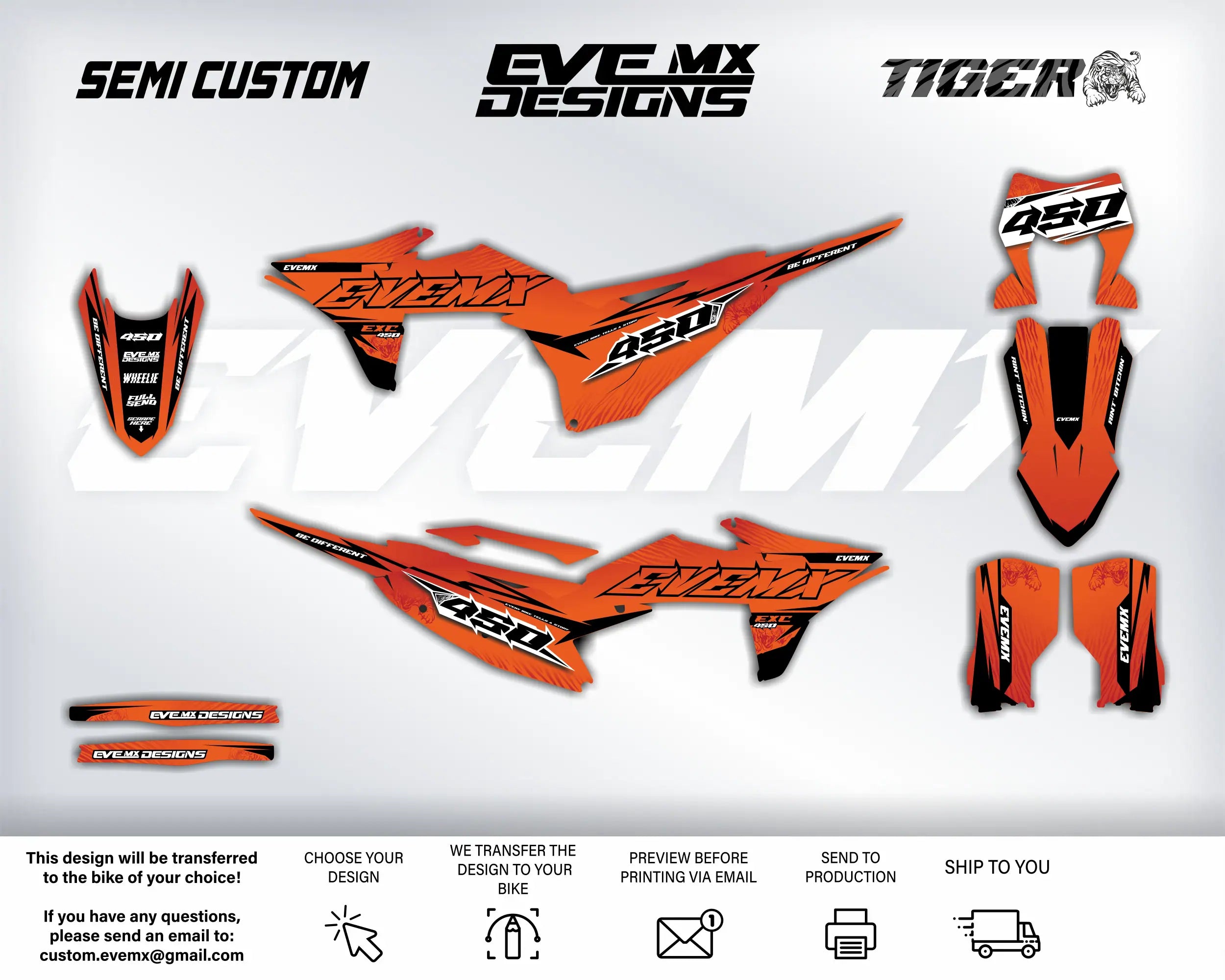 Orange and black motorcycle decals with 'EveMX Designs' branding on a white background.