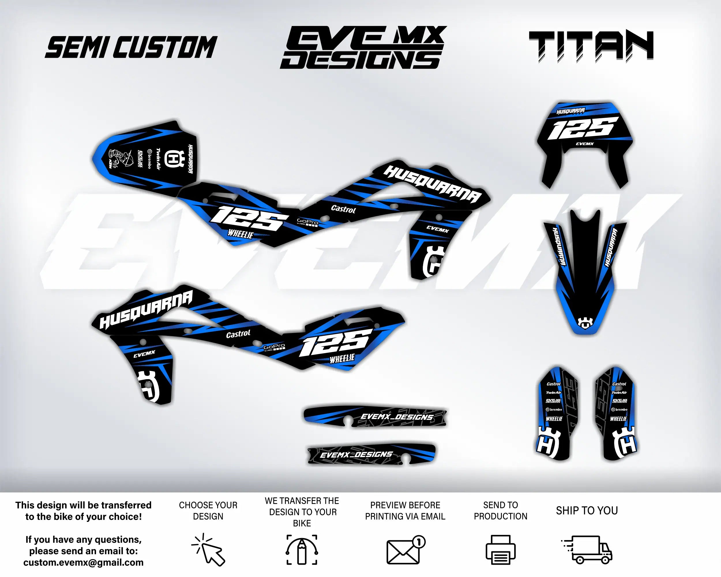 Motorcycle decals with Husqvarna and EveMX Designs branding on a white background