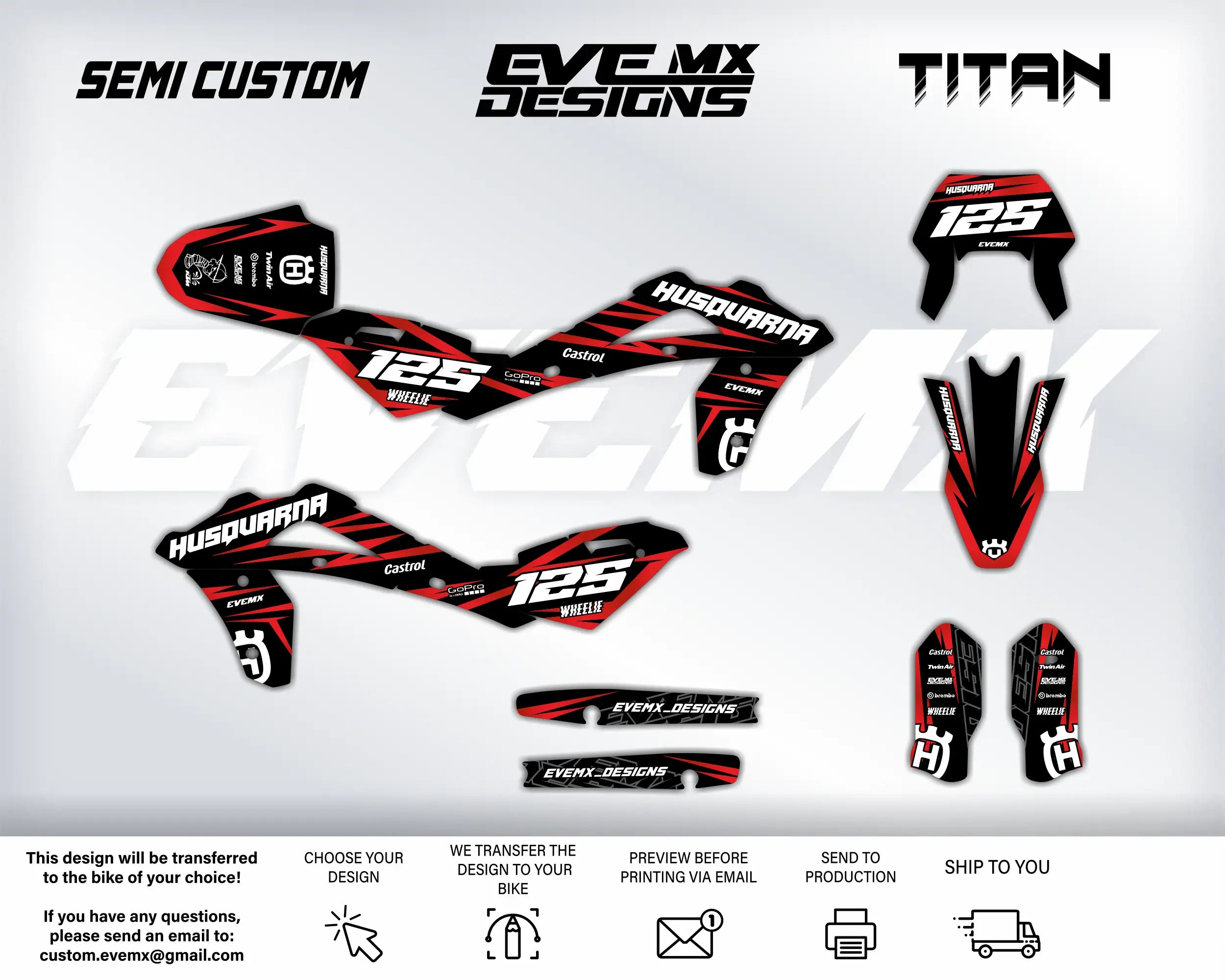 Motorcycle decals with Husqvarna and EveMX Designs branding on a white background