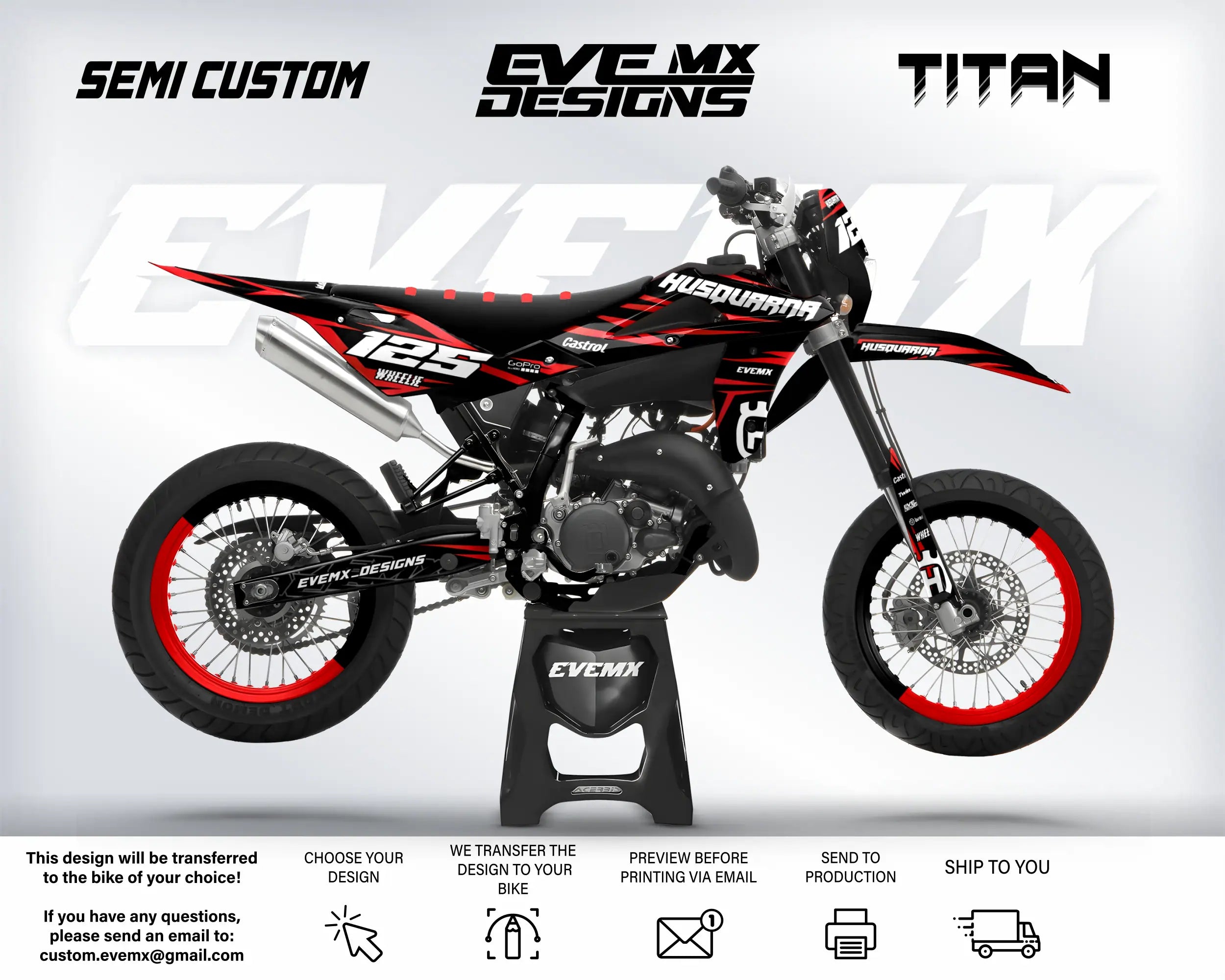 Motorcycle with 'EveMX Designs' branding on a white background