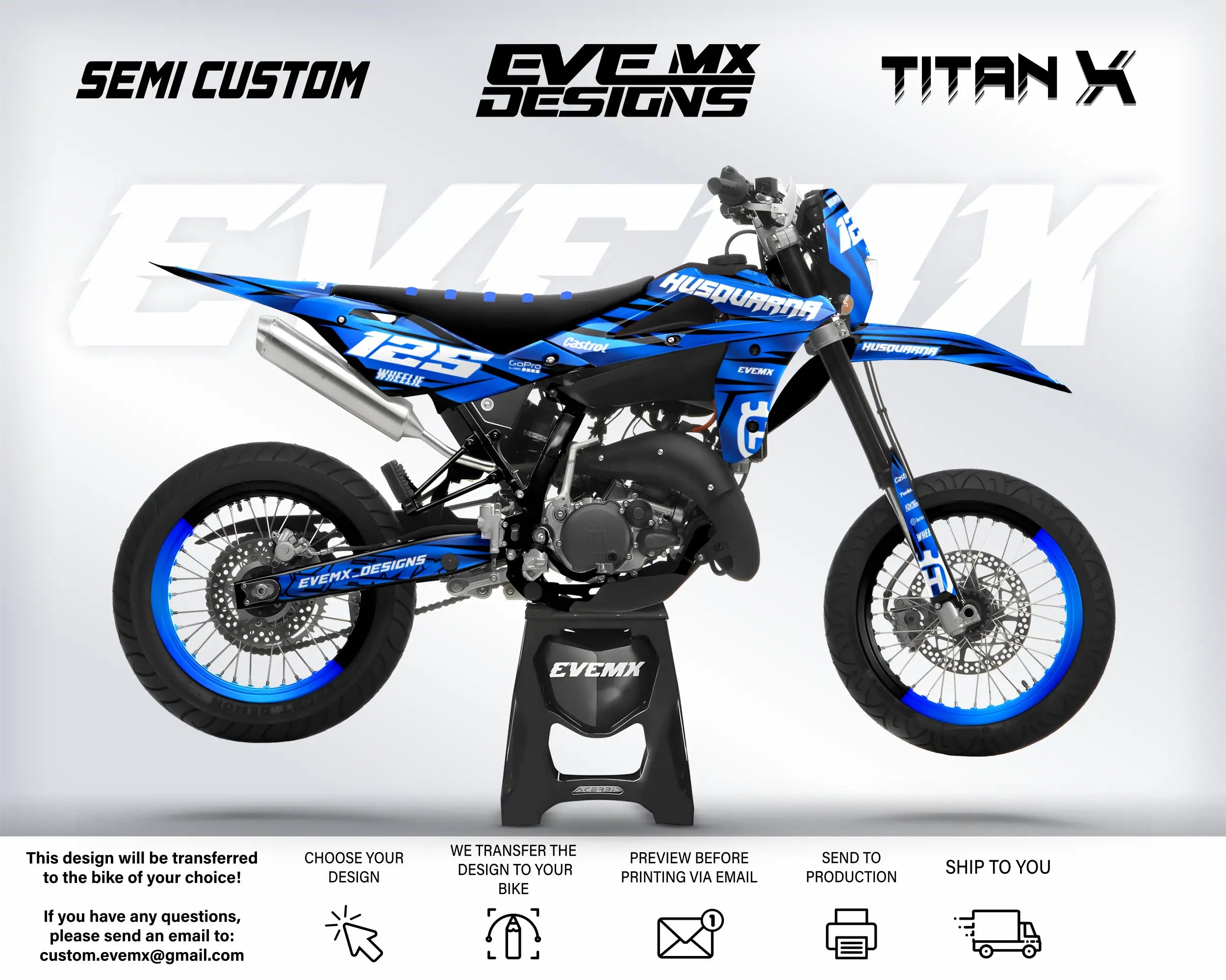 Blue and black dirt bike with 'EveMX Designs' branding on a white background