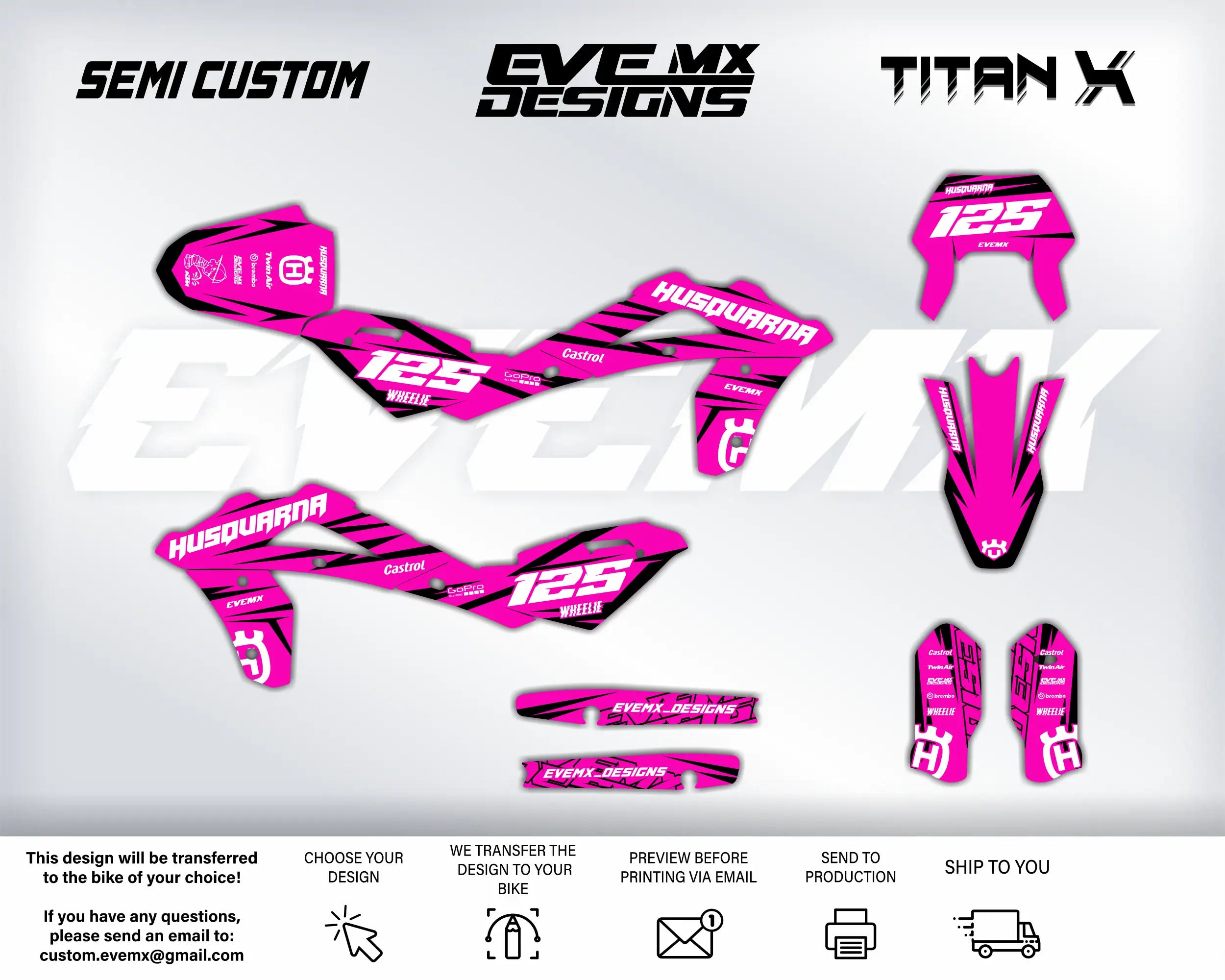 Pink and black motorcycle wrap design with 'EveMX Designs' branding on a white background.