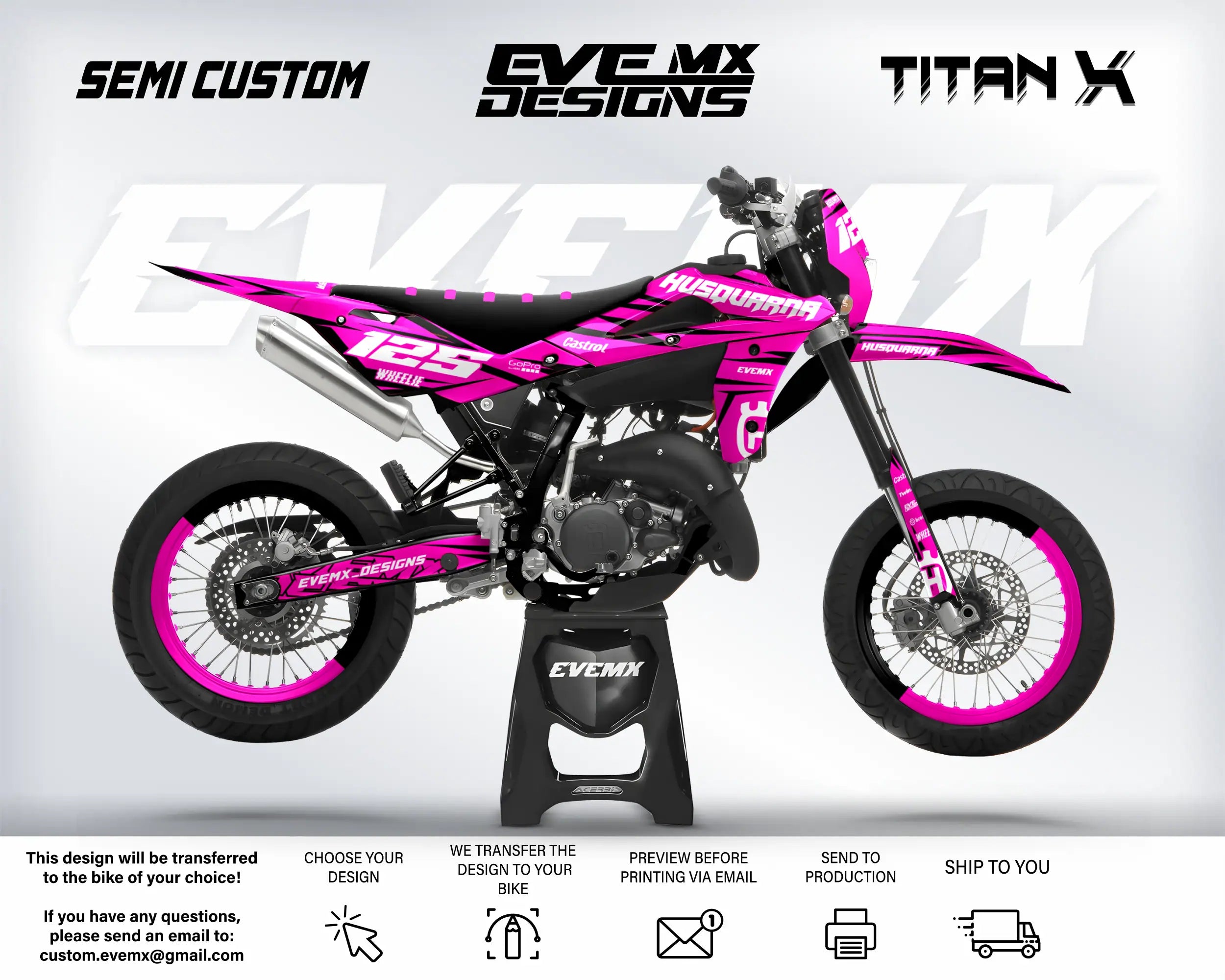 Pink and black dirt bike with 'EveMX Designs' branding on a white background