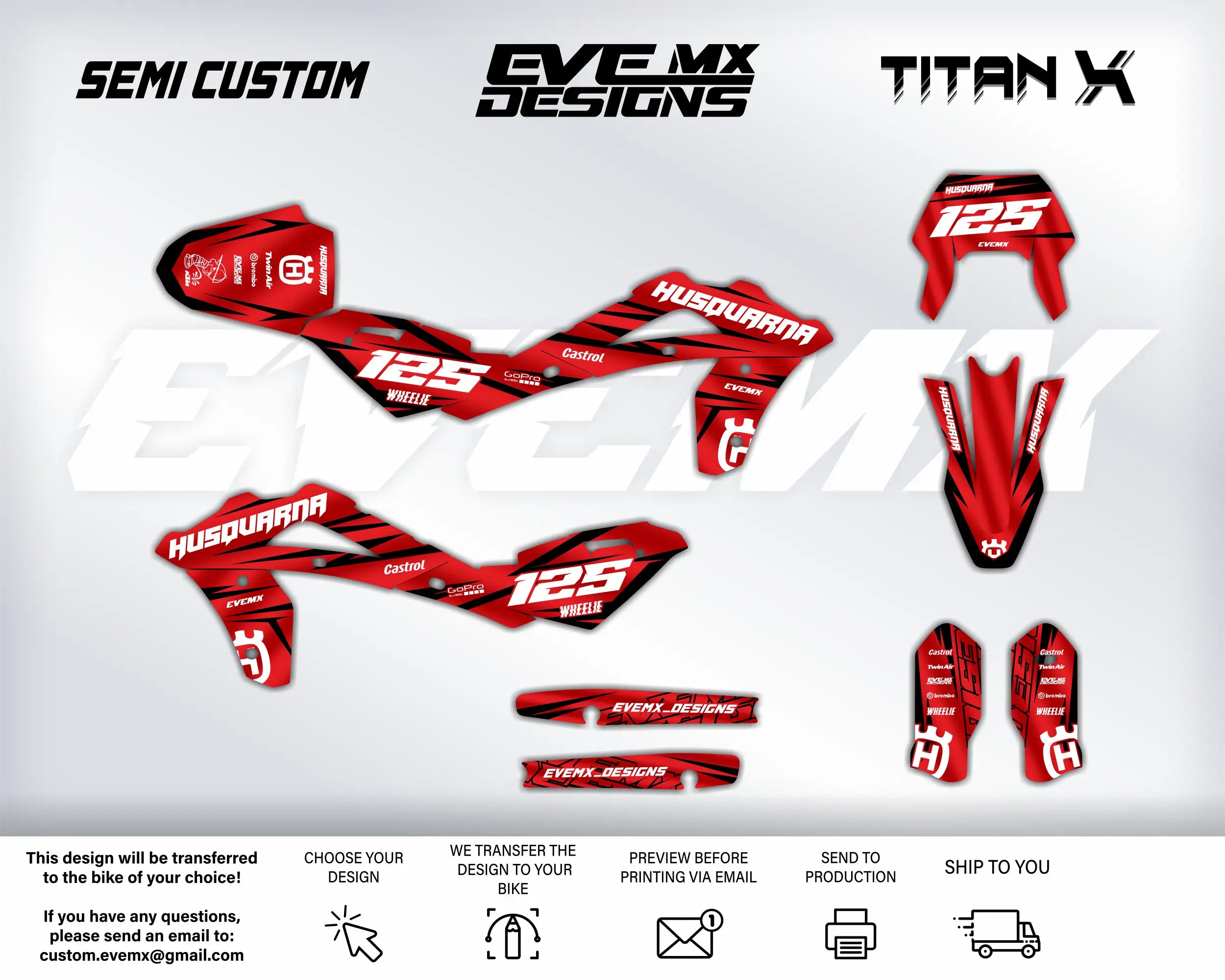 Motorcycle decals with Husqvarna and EveMX Designs branding on a white background