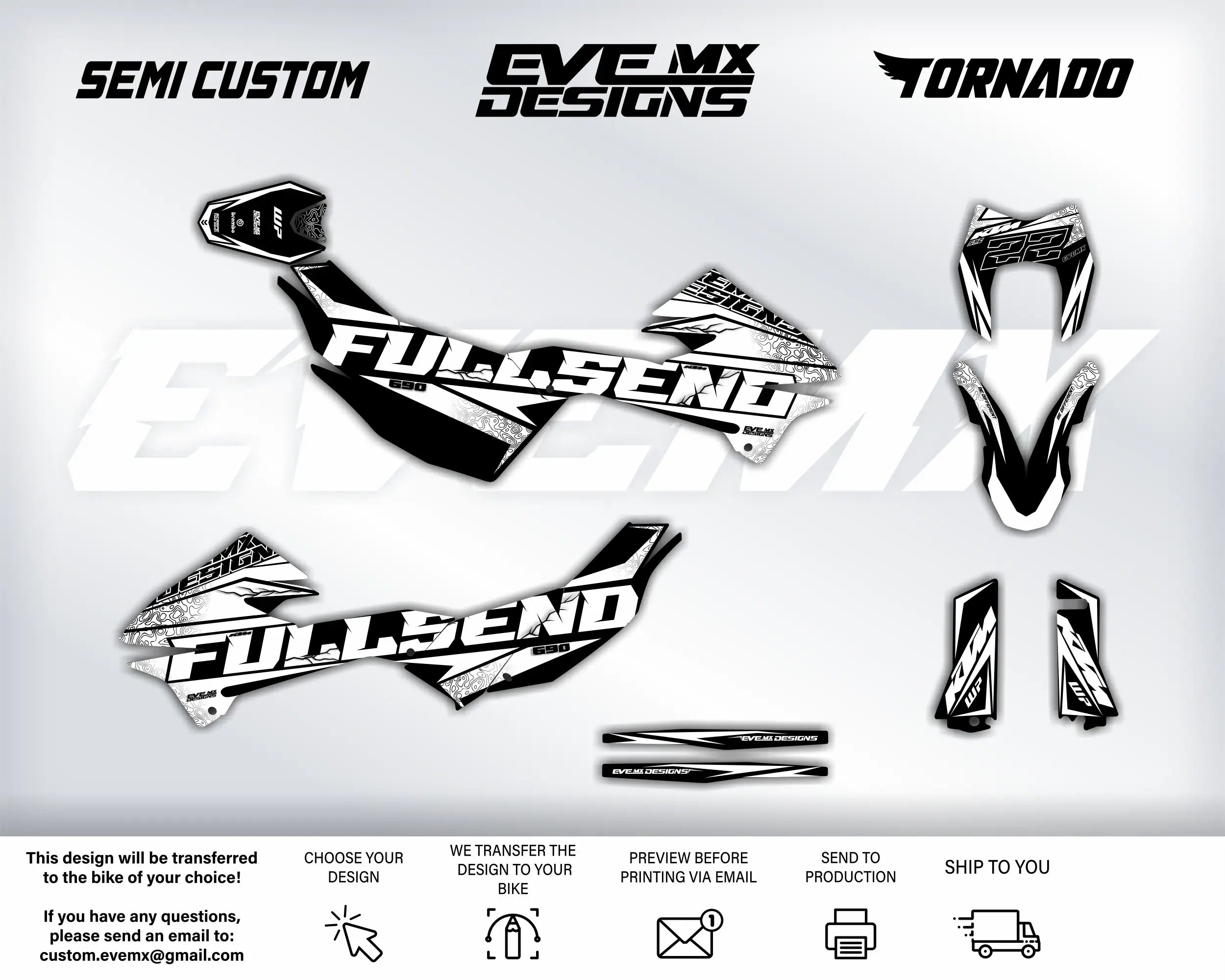 Set of motorcycle decals with 'Fullsend' and 'EveMX Designs' branding on a white background.