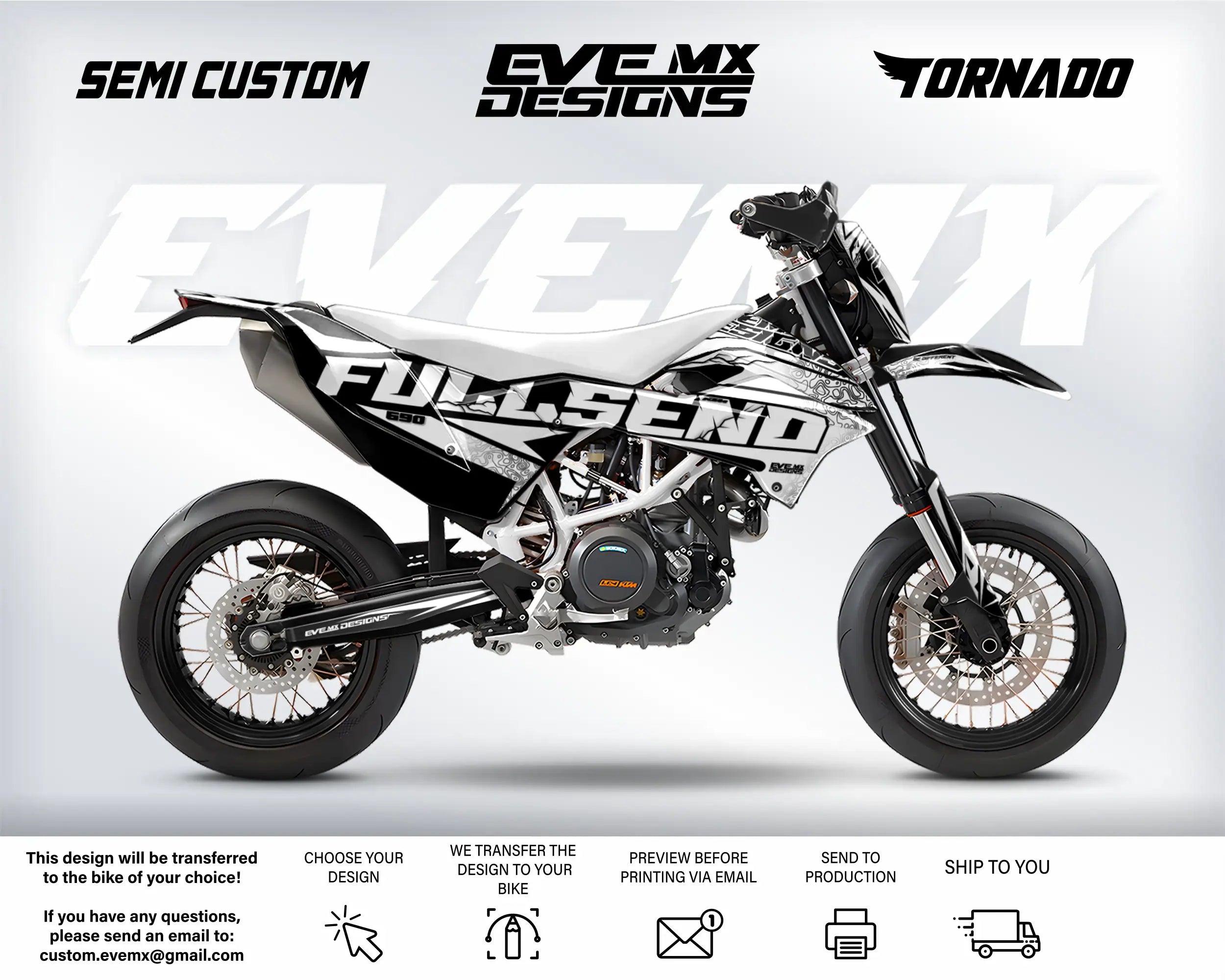 Motorcycle with 'Full Send' and 'EveMX Designs' branding on a white background