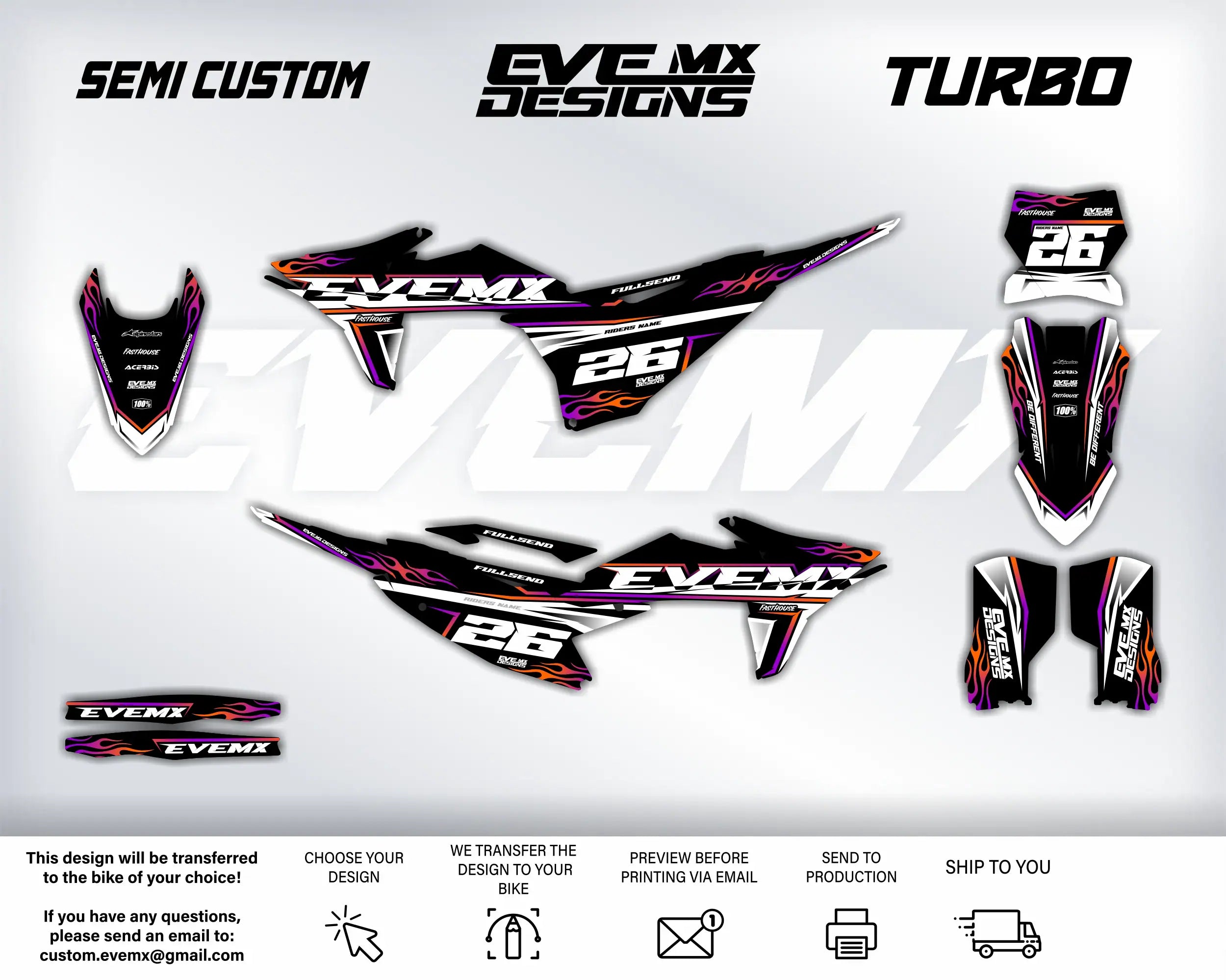Motorcycle decals with 'EveMX Designs' branding on a white background