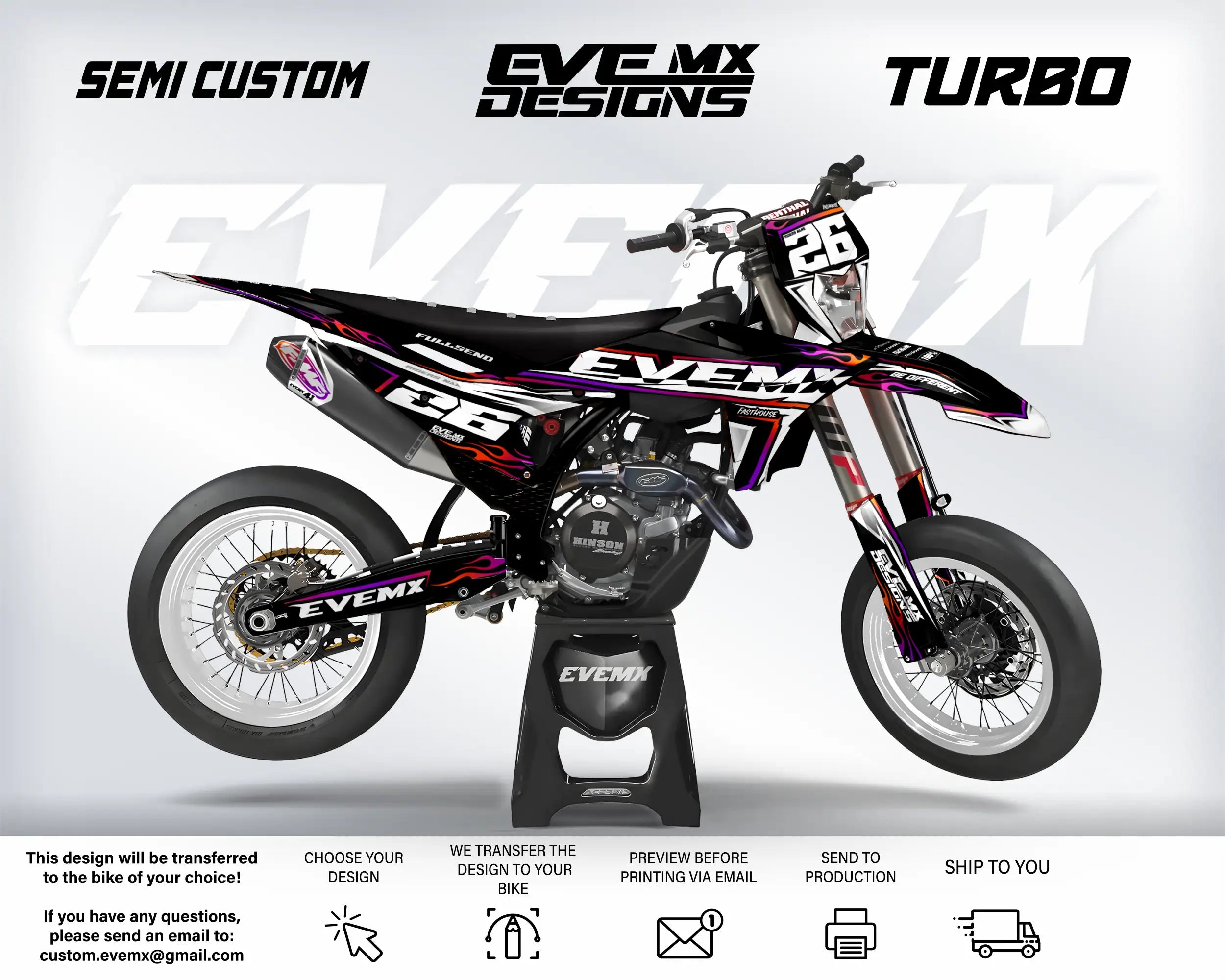 Custom dirt bike with 'EveMX Designs' branding on a white background