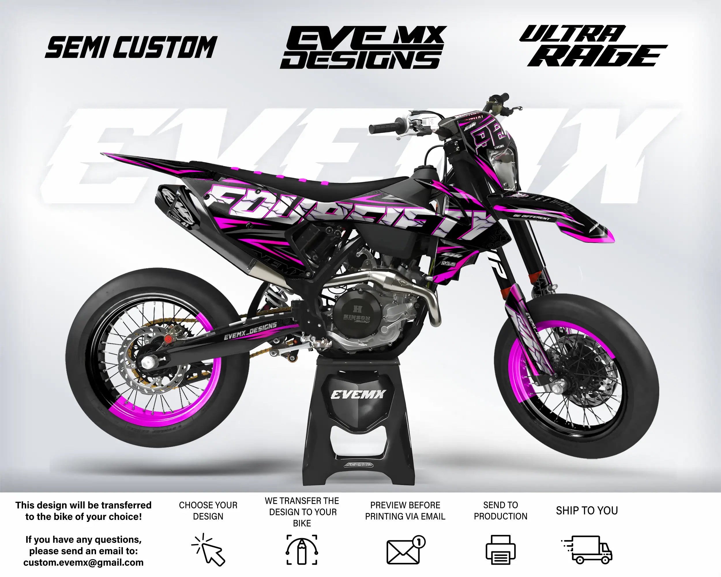 Motorcycle with pink and black design on a white background, featuring 'EveMX Designs' branding.