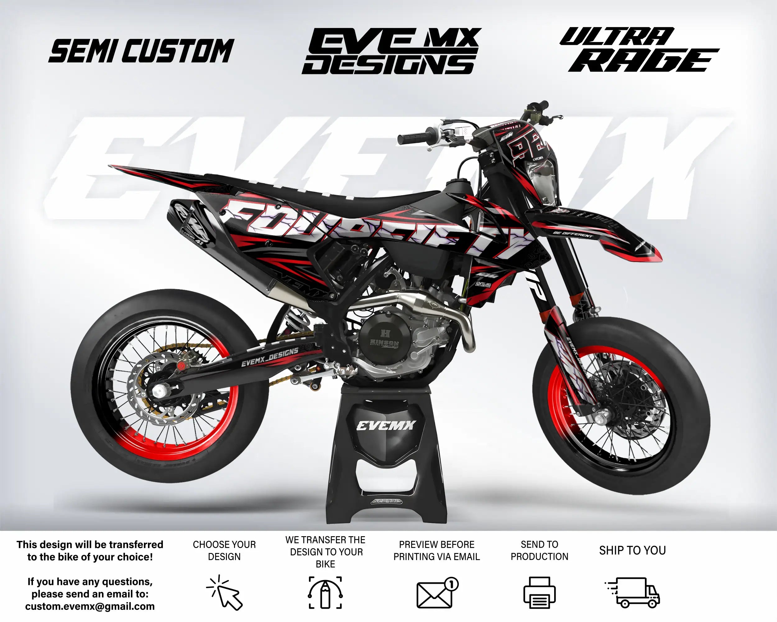 Motorcycle with 'EveMX Designs' branding on a white background
