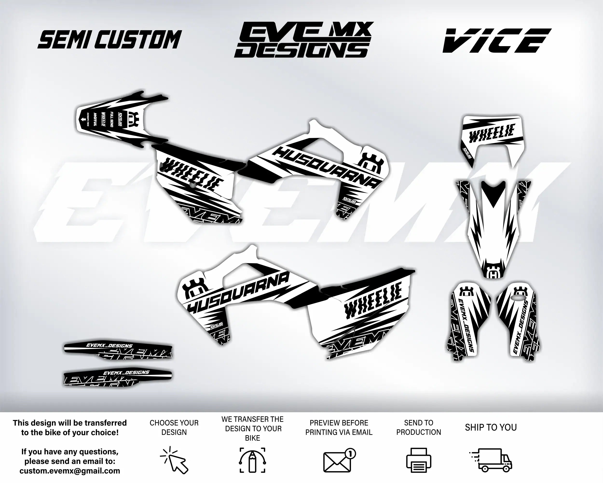 Motorcycle decals with 'Semi Custom', 'EVEMX Designs', and 'VICE' branding on a white background.