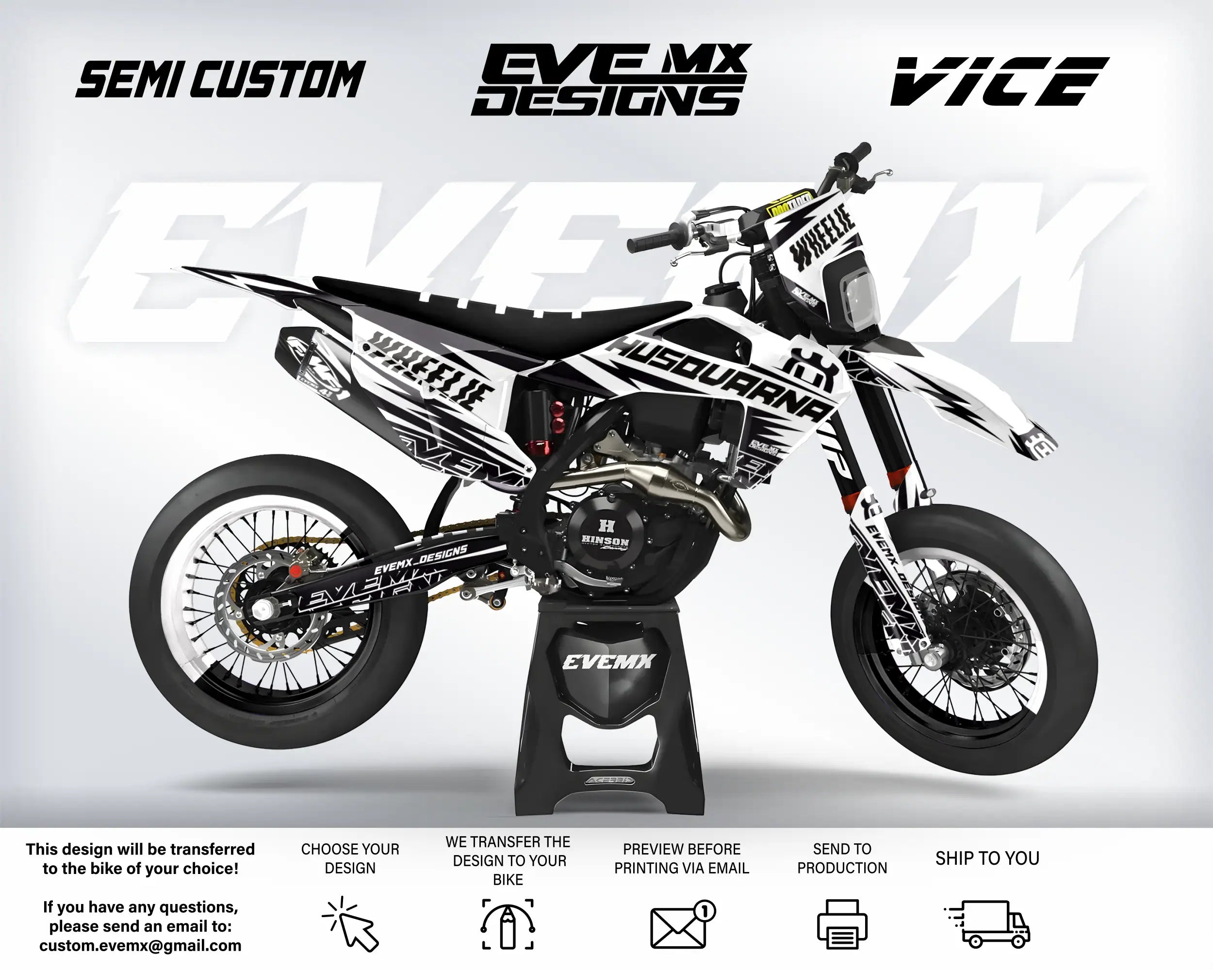 Motocross bike with custom decals on a white background, featuring 'EVEMX Designs' and 'VICE'.